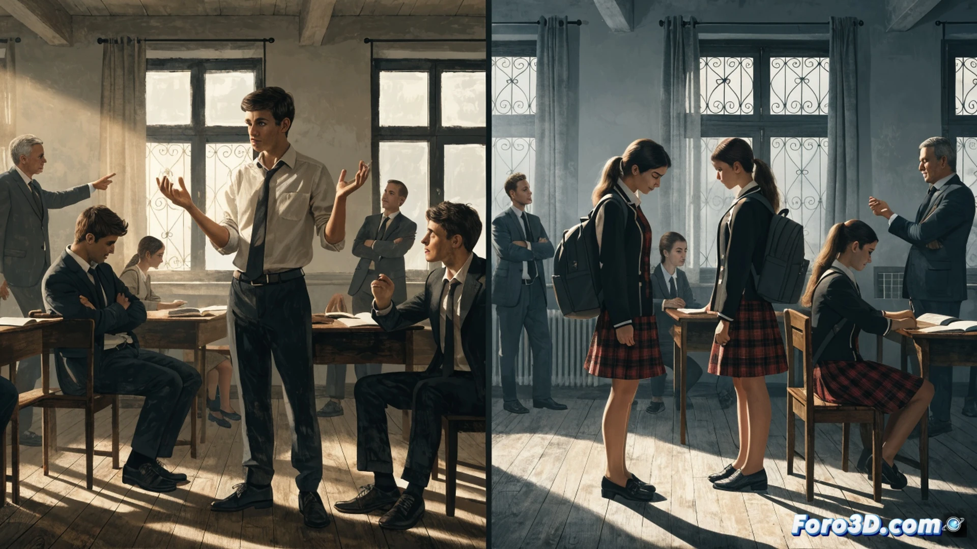 aula de secundaria con pizarra digital mostrando un diagrama de relaciones tóxicas, dos estudiantes señalando un gráfico de prevención mientras el profesor sostiene un cuaderno abierto con notas de formación, mochilas y libros sobre el pupitre, luz fluorescente fría, estilo fotorealista cinematográfico, ángulo ligeramente cenital, texturas de papel y plástico visibles, atmósfera de tensión educativa, ultra detallado