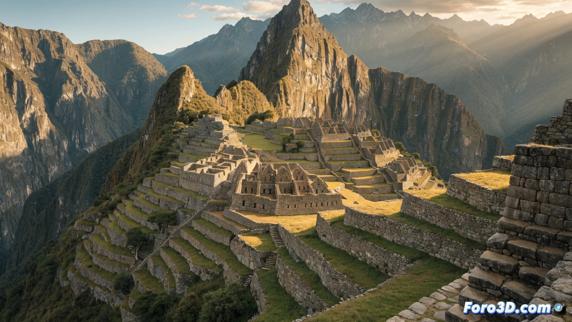 Machu Picchu stone citadel at dawn, three archaeologists examining a carved Intihuatana stone while one holds a digital tablet showing astronomical alignment lines, another uses a laser scanner on a temple wall, golden sunlight casting long shadows through precision-cut granite blocks, mist rising from Urubamba river below, technical illustration style, photorealistic stone textures, dramatic Andean mountain backdrop, ancient engineering details visible in masonry joints, glowing solstice light beam hitting a sacred rock, ultra-detailed archaeological scene