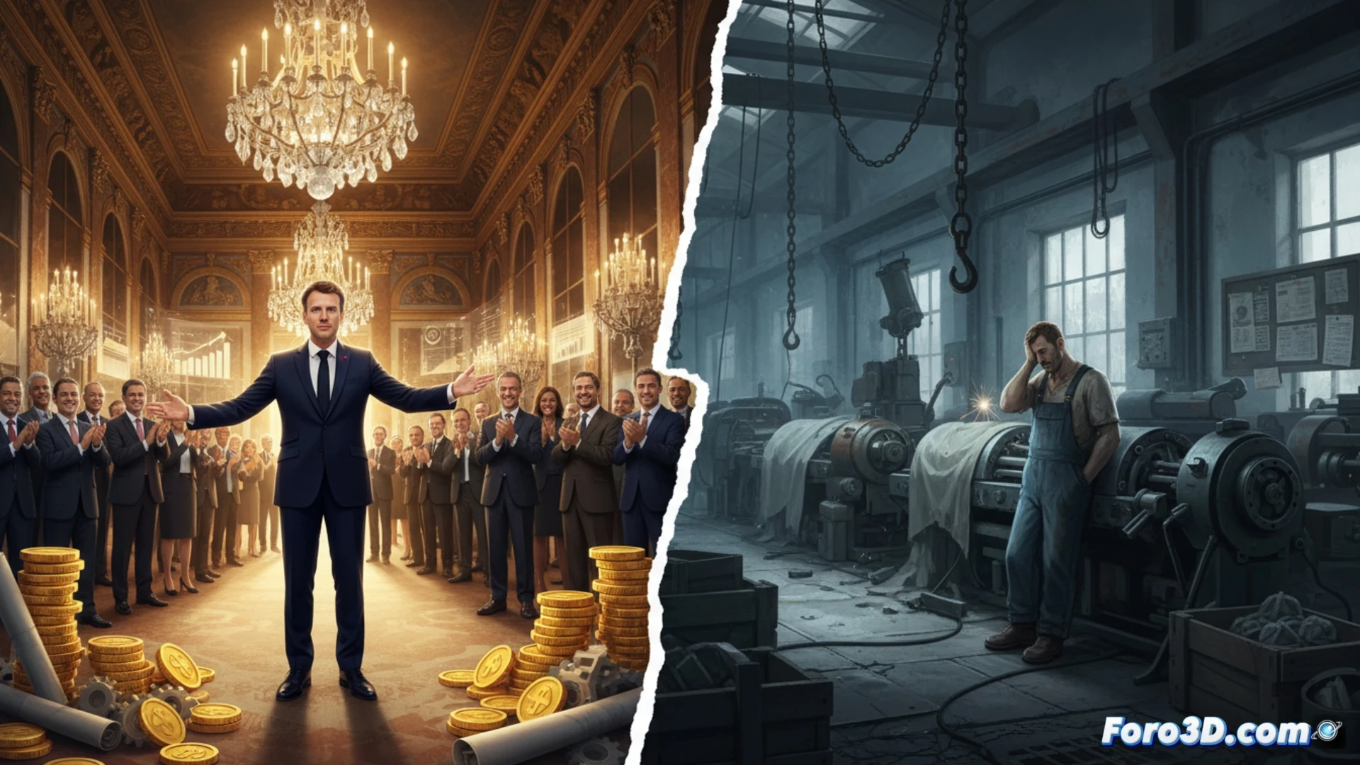 photorealistic split scene: left side shows Versailles Hall of Mirrors with Macron gesturing toward a holographic investment map glowing with golden data streams, right side reveals a dim factory floor where a robotic assembly arm stalls mid-motion, conveyor belt empty, broken gears and disconnected cables visible, dust particles suspended in harsh blue emergency light, contrast between opulent chandelier reflections and rusted metal surfaces, cinematic technical illustration, hyperdetailed industrial decay