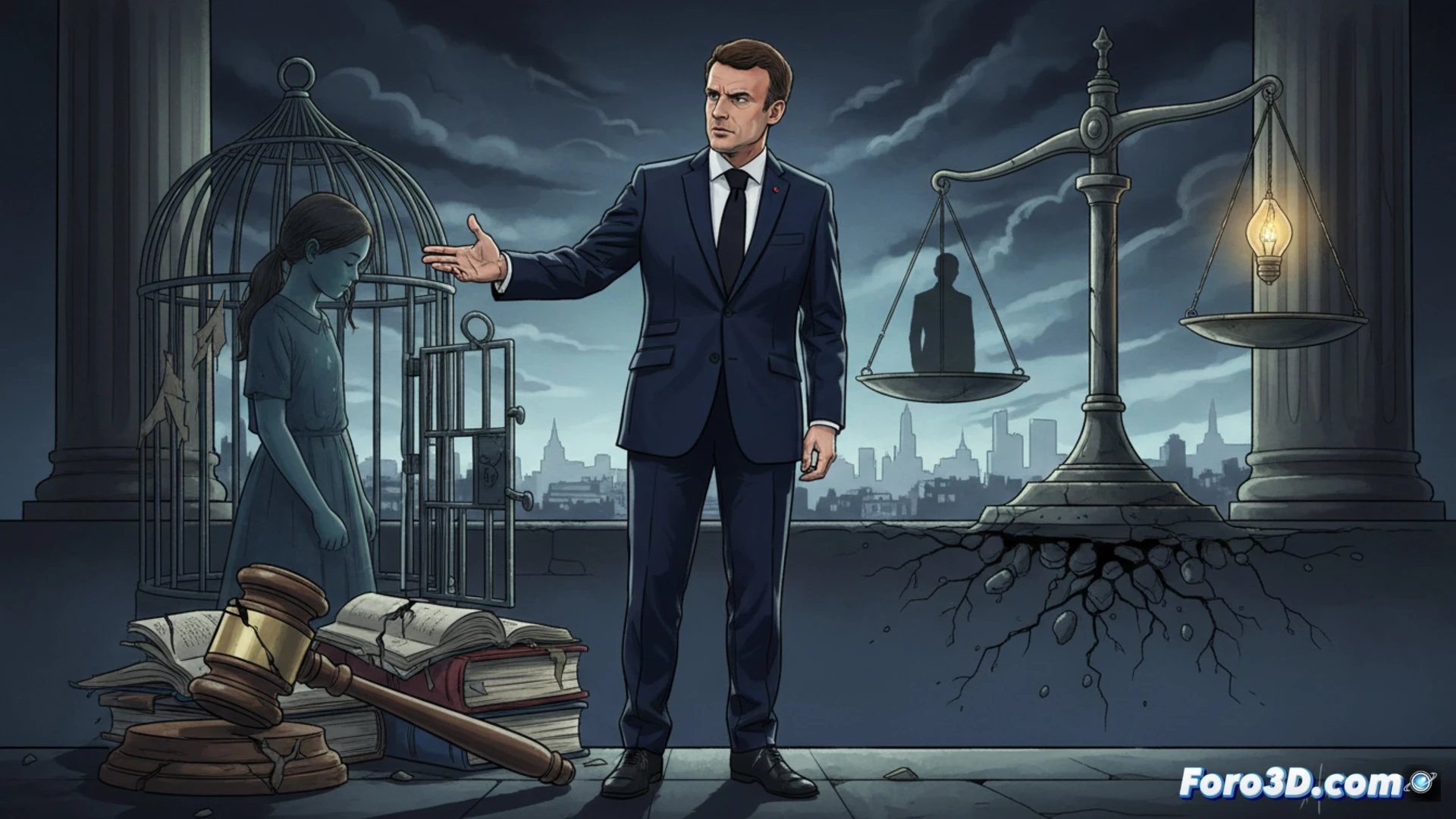 French courtroom scene showing a judge's gavel mid-swing with cracked base, a child's drawing of a house and sun pinned to a bulletin board behind, legal documents scattered showing case file stamps, a broken chain hanging from a metal scale of justice, cinematic photorealistic visualization, dramatic shadows from venetian blinds across the desk, muted blue and grey tones, high-contrast lighting emphasizing the fractured gavel and dangling chain, ultra-detailed wood grain and paper textures, emotional tension in the composition