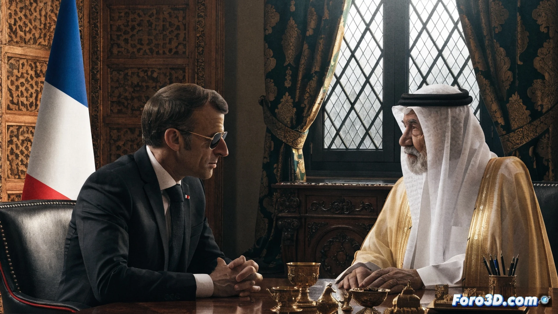Emmanuel Macron standing at a podium beside the Sultan of Oman, both in formal suits, Macron adjusting his aviator sunglasses while a smartphone on the podium displays a trending hashtag, a laptop screen in the foreground showing a social media analytics dashboard with rising engagement graphs, photorealistic cinematic style, bright press conference lighting, polished marble floor reflecting the scene, microphones and press cameras visible in the foreground, subtle motion blur on the phone screen as data updates, technical visualization of digital trend generation, no text in image