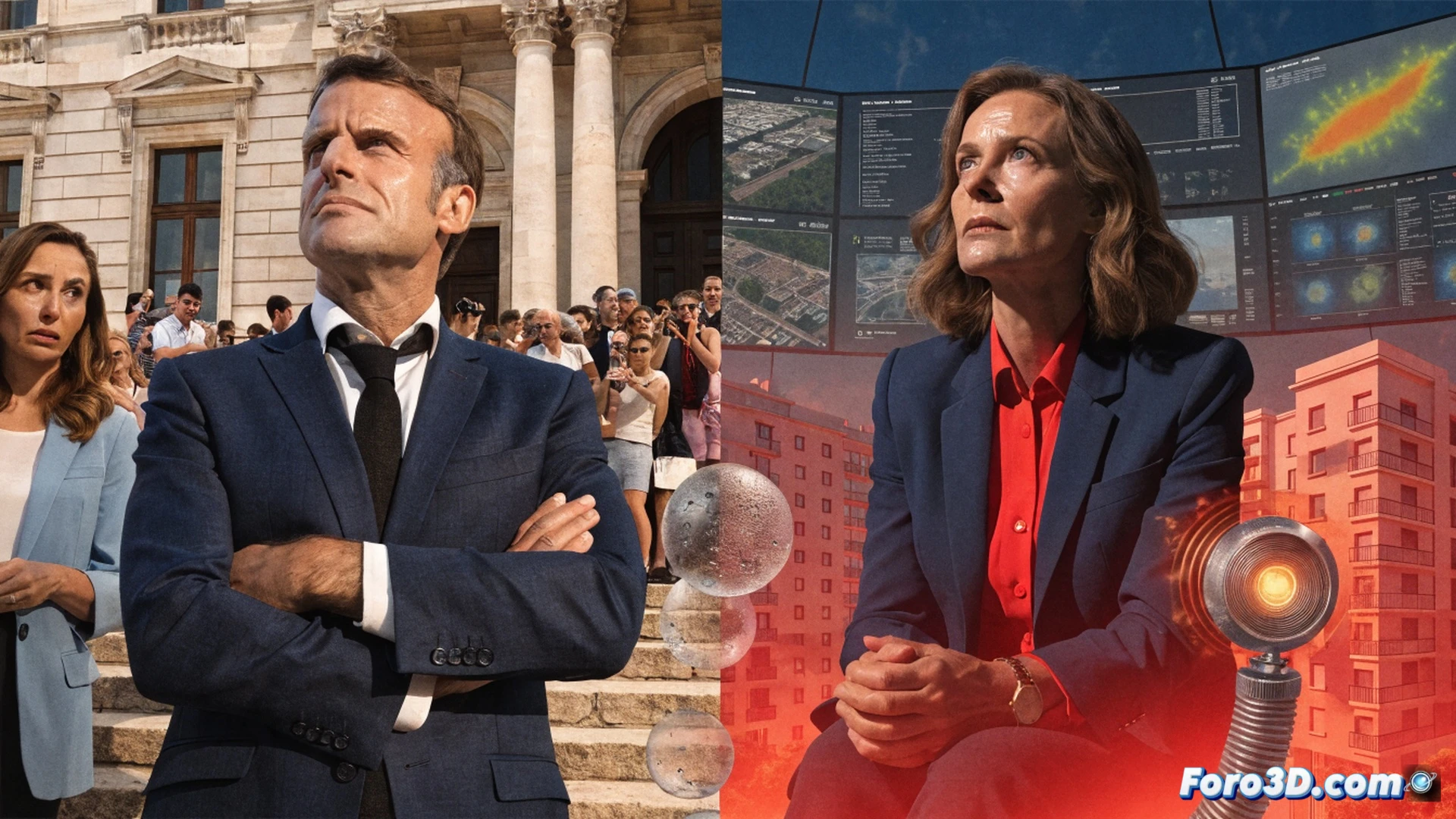 Macron and Lecornu standing on a sun-baked government rooftop in Paris, sweat dripping from their faces while holding thermal imaging tablets showing red-hot city zones, citizens in the background fanning themselves near overheating ventilation units, air conditioning meters displaying rising costs, cracked asphalt reflecting intense heat waves, cinematic photorealistic style, dramatic midday sunlight casting harsh shadows, ultra-detailed urban heat island effect, technical illustration of climate crisis management, distressed modern architecture, realistic sweat and heat haze distortion