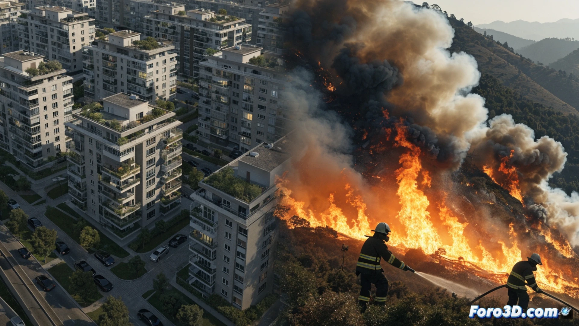 aerial view of a sprawling construction site with hundreds of unfinished housing blocks, dry forest being cleared by bulldozers on one side, smoke rising from a distant wildfire approaching the development, no firebreaks or water reservoirs visible, engineering blueprints and environmental impact reports scattered on a surveyor table in the foreground, photorealistic cinematic visualization, dramatic golden hour lighting, contrast between green nature and grey concrete, dust particles in air, ultra-detailed machinery and terrain, technical illustration style