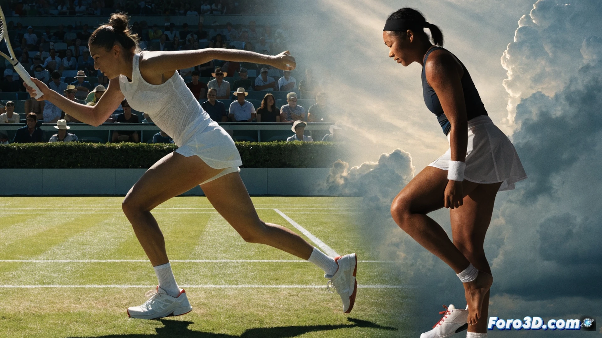 Madison Keys swinging through a forehand winner on grass, yellow tennis ball compressing against racket strings, white chalk dust exploding from baseline, green grass blades bending under her sneakers, Eastbourne stadium crowd blurred in background, photorealistic sports photography, golden sunset lighting casting long shadows, sweat droplets frozen mid-air, high-speed shutter effect capturing intense motion, crisp focus on racket face and ball contact, dramatic contrast between bright white outfit and dark green court