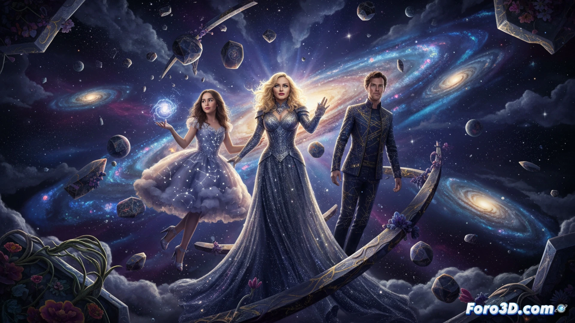 dreamlike cosmic dance sequence, Madonna floating in a starry void while Sabrina Carpenter and Benedict Cumberbatch orbit around her, their bodies dissolving into glowing constellation lines, surrealist visual effects with nebula clouds and floating mechanical gears, cinematic photorealistic render, ethereal blue and violet lighting, particles of starlight trailing from their fingertips, motion blur on swirling fabric, high-contrast dramatic shadows, ultra-detailed skin textures and cosmic dust, technical sci-fi aesthetic, dream narrative unfolding in a single frame