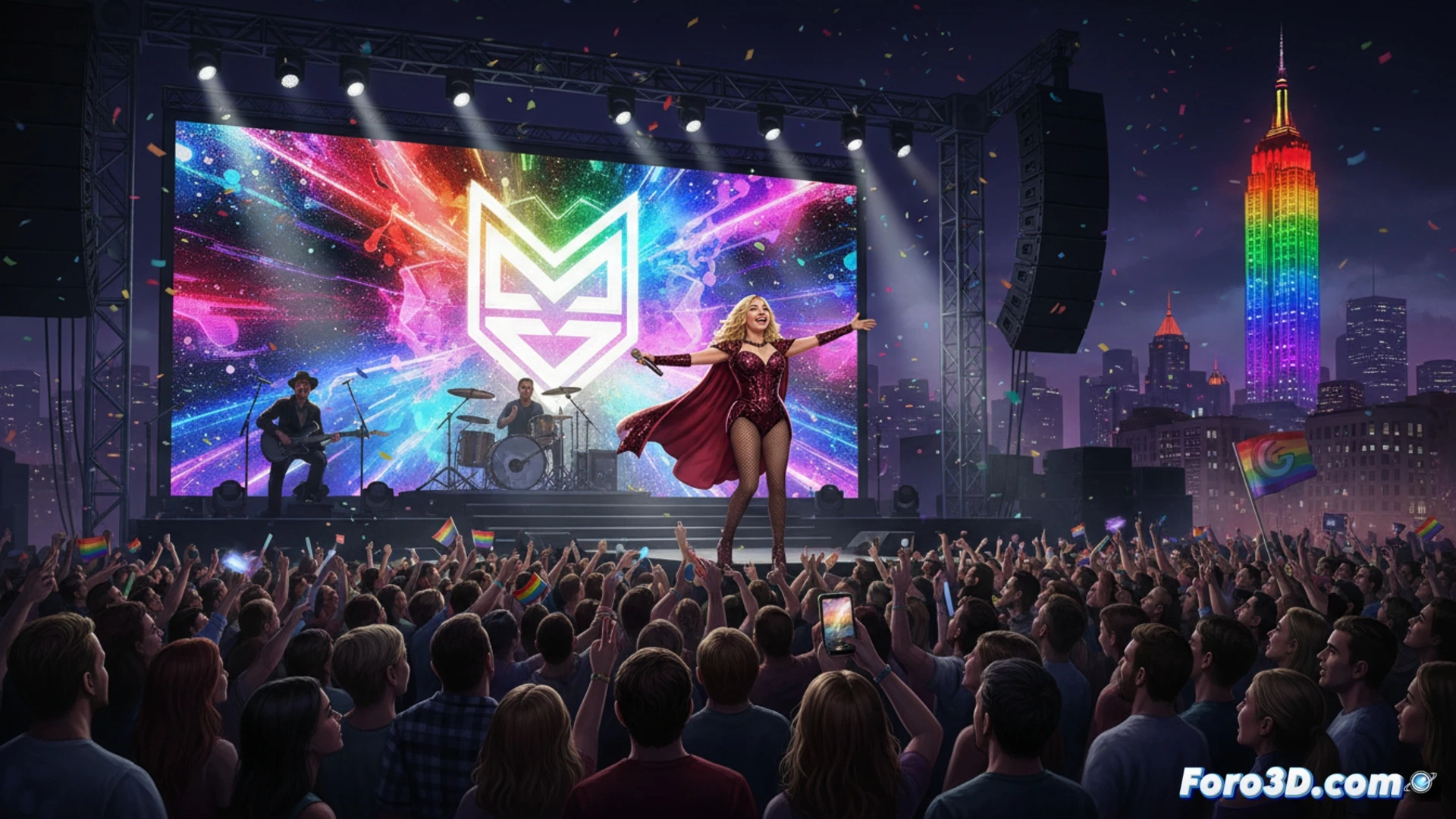 Madonna performing live on a hidden Manhattan rooftop stage at dusk, rainbow LED lights illuminating her silhouette, smartphone screens visible in the crowd showing Grindr app interface with Pride-themed overlays, digital connection lines radiating from phones to a central holographic heart symbol, cinematic concert photography style, dramatic blue and pink stage lighting, confetti bursting with rainbow sparkles, crowd cheering with raised hands, ultra-detailed urban skyline background, photorealistic night event visualization, motion blur on waving arms, glowing app icons integrated into the scene