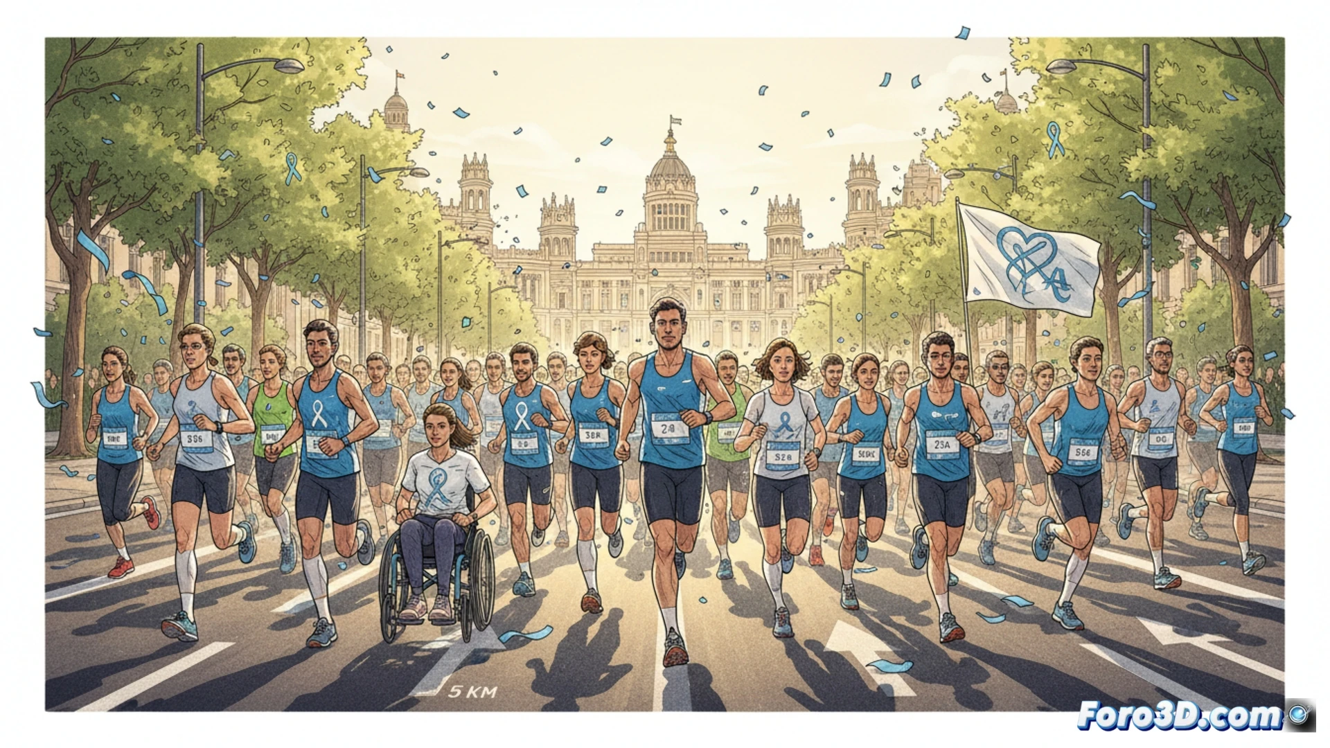 multitude of runners crossing a wide urban avenue at sunrise, legs in motion during a 5km charity race against ALS, wheelchair participant with guide on a separate 400m inclusive track, medical research symbols integrated into race bibs, photorealistic cinematic style, warm golden hour light casting long shadows, crowd cheering from sidelines lined with trees, energetic movement captured with slight motion blur, blue and white solidarity ribbons worn by runners, ultra-detailed urban landscape with government buildings in background, hopeful atmosphere with dramatic lighting