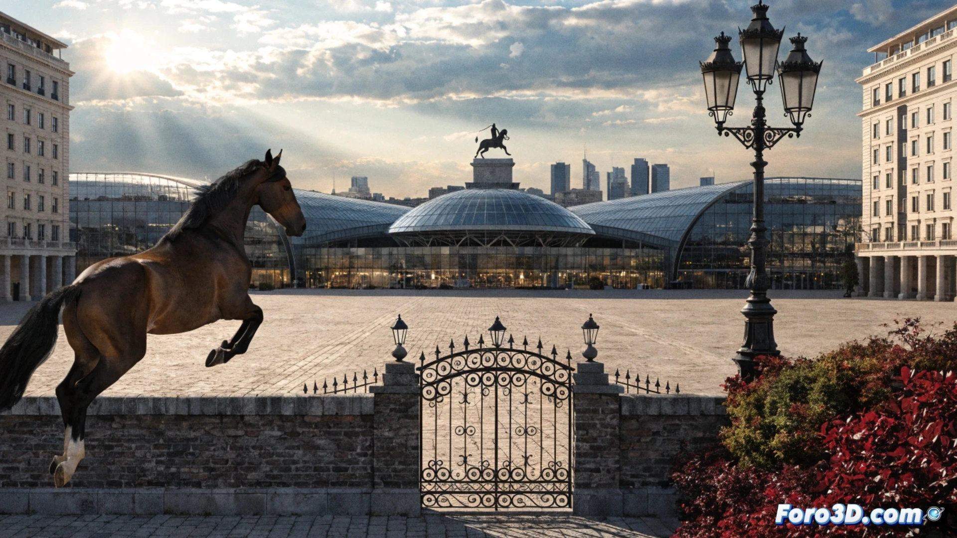 equestrian show jumping arena at IFEMA exhibition centre, horse mid-air clearing a fence with rider in competition gear, Mutua Madrileña branding on banners and jumps, three grand prix trophies displayed on pedestals in background, autumn sunlight streaming through glass roof, dust particles kicking up from hooves, dramatic spotlighting on horse and rider, cinematic sports photography style, photorealistic detail, motion blur on horse legs, sharp focus on rider expression, technical event photography lighting