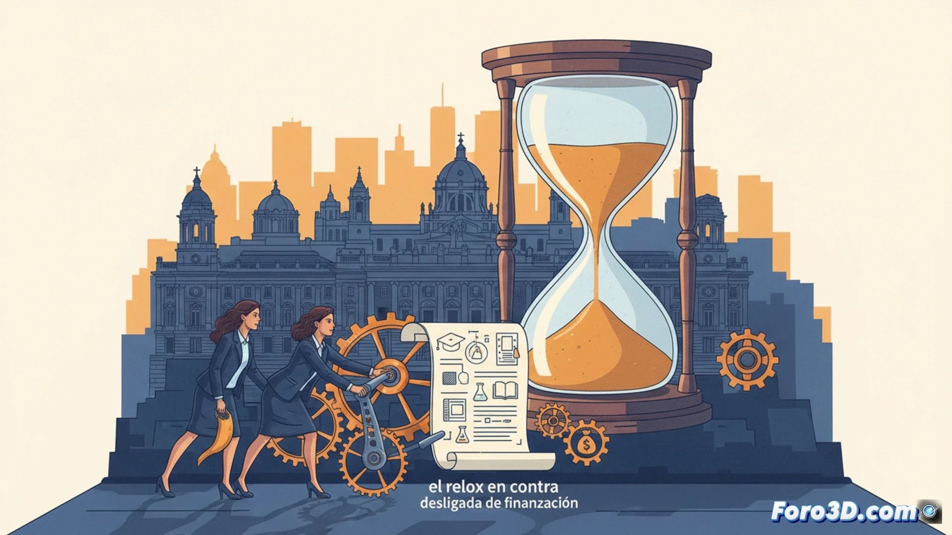 photorealistic technical illustration of a modern university building under construction, architectural blueprints unfurling on a drafting table, a large clock mounted on a wall with hands ticking rapidly, gears and mechanical components visible inside the clock, a female government official in business attire pointing at a digital tablet showing a law document, stacks of legal books and rolled plans on the desk, dramatic overhead lighting casting long shadows, cinematic engineering visualization, detailed textures of paper and metal, ultra-realistic render