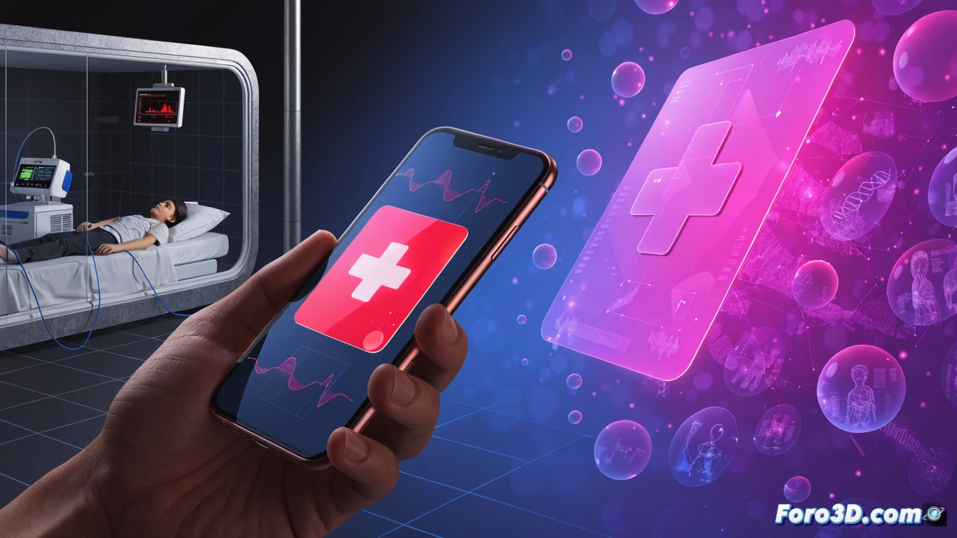 parent smartphone screen displaying medical records interface, child vaccination calendar and treatment history visible on digital health portal, adult finger tapping on delegated access button, glowing blue health icons floating above the device, medical cross symbol and hospital building silhouette in background, technical illustration style, clean white interface with soft shadows, data flow lines connecting phone to cloud server icon, realistic hand gesture interaction, modern clinical lighting, sharp focus on screen details, smooth gradient background, photorealistic digital health visualization