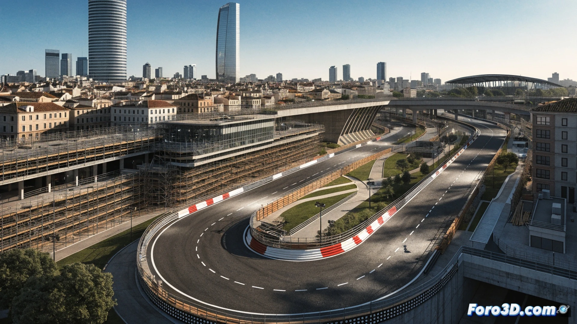 Aerial construction scene of Madring circuit in Madrid, unfinished asphalt sections with exposed gravel layers, workers in orange vests and white helmets operating yellow bulldozers and red cranes during ground compaction, concrete barriers partially installed along track edges, metallic scaffolding towers rising near pit lane, heatwave shimmer distorting distant cranes, dramatic afternoon sunlight casting long shadows, photorealistic engineering visualization showing active building process, dust clouds rising from earthmoving equipment, structural steel framework for grandstands exposed, ultra-detailed industrial machinery, cinematic wide-angle perspective