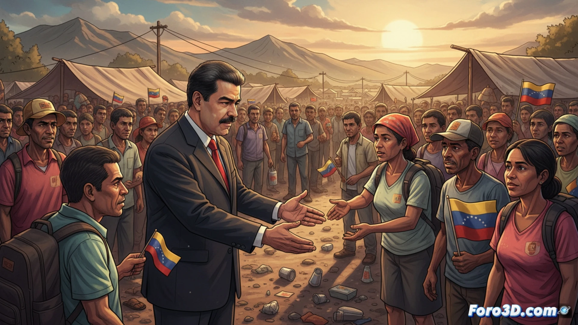 Un Maduro solitario cruza la frontera a Colombia, sin escolta, frente a un espejo que refleja su exilio y cinco ciudadanos comunes.
