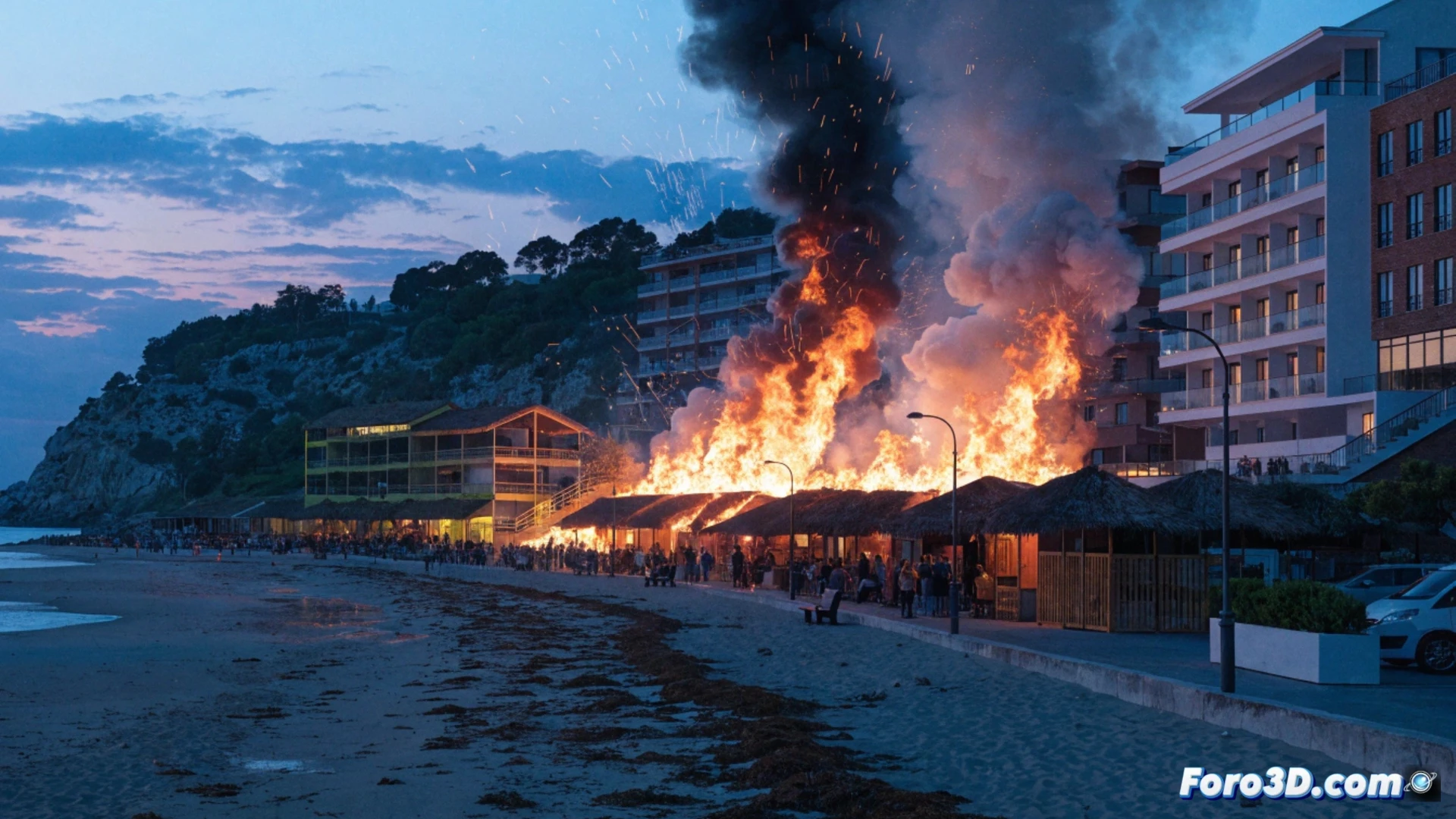 cinematic aerial view of a coastal hotel complex at dusk, flames erupting from a rooftop chiringuito bar while fire escapes are blocked by stacked plastic chairs, cracked concrete balconies with exposed rebar, a lone firefighter spraying water at a dry hydrant with no pressure, tourists filming on phones while staff run toward a collapsed emergency exit, photorealistic architectural disaster scene, smoke mixing with golden sunset light, alarm systems flashing red, rusted electrical panels exposed, hyper-detailed building materials, tense dramatic action, technical visualization of structural failure points