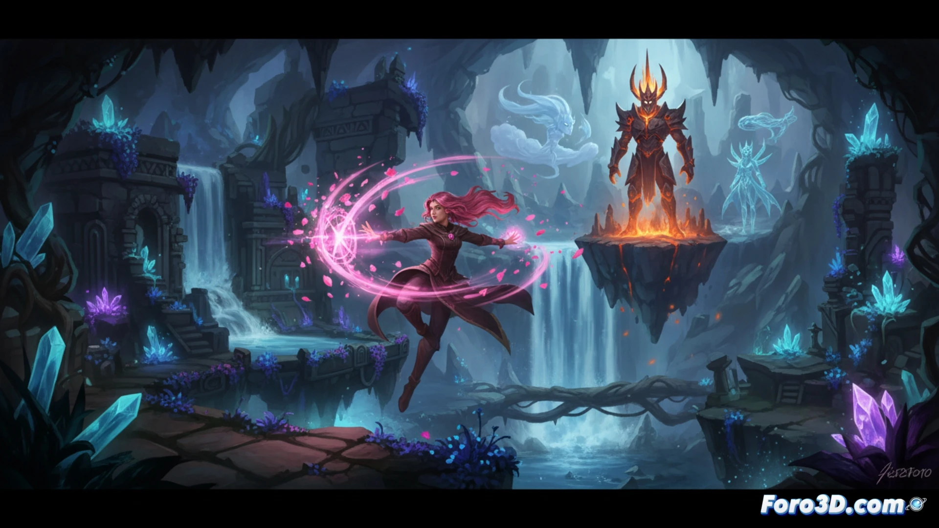 a young female mage casting a glowing blue spell while leaping between floating stone platforms in a dark enchanted forest, four elemental lords emerging from elemental storms in the background, interconnected cave tunnels and glowing crystal paths visible in the distance, magical projectiles colliding with a fire elemental's shield, dynamic combat action showing spell combination process, cinematic game art style, dramatic lighting with magical particle effects, volumetric fog, ultra-detailed fantasy environment, photorealistic rendering