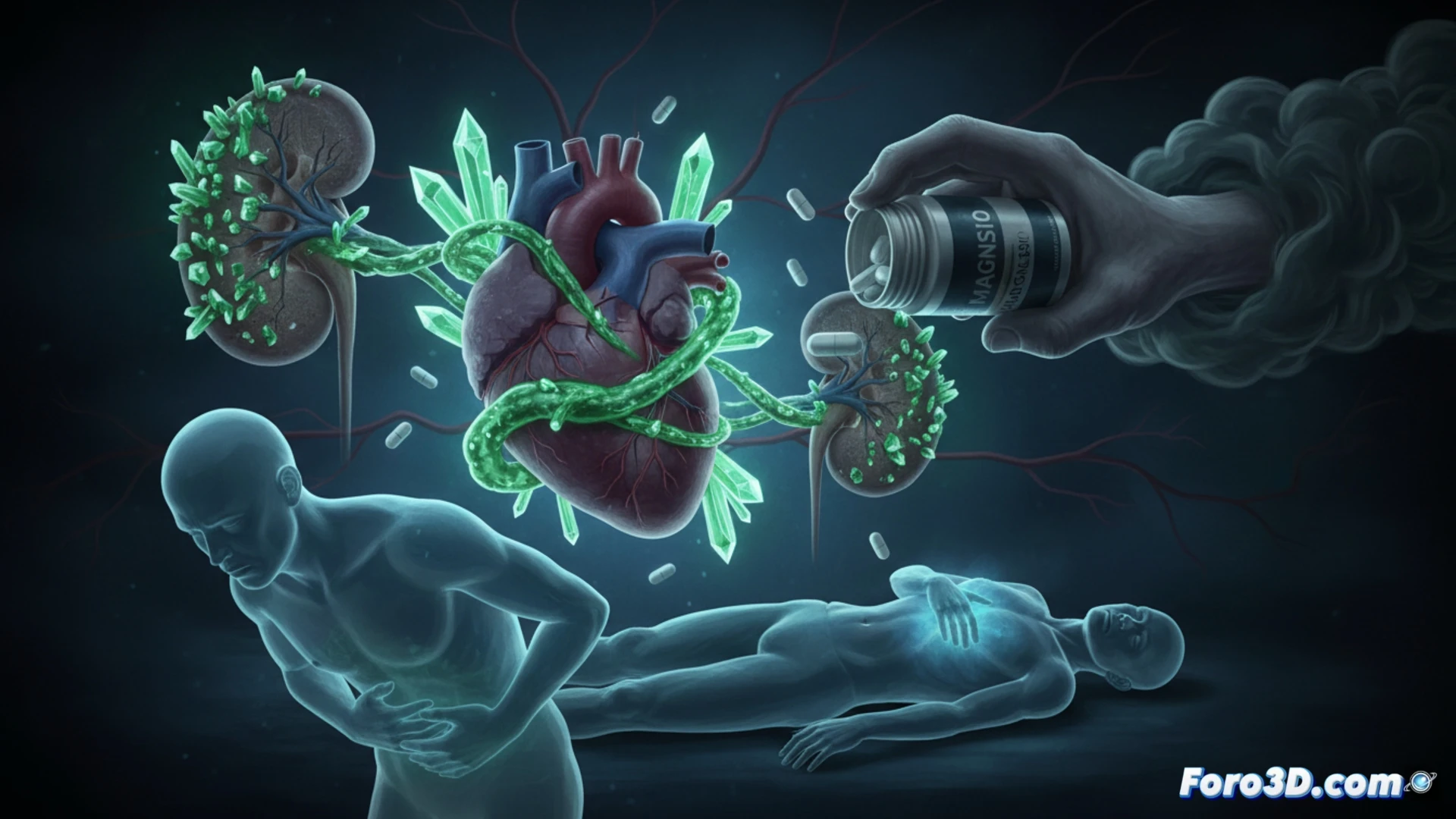 human silhouette with glowing skeletal system showing magnesium distribution, transparent body revealing internal organs, kidneys highlighted in red warning, digestive tract showing diarrhea effect, heart and lungs with stress indicators, cinematic medical visualization, dark hospital background, dramatic side lighting, anatomical accuracy, photorealistic technical illustration, toxic green particles flowing through bloodstream, muscle fibers weakening shown as fraying strands, blood pressure gauge dropping, ECG monitor showing arrhythmia, warning symbols floating near kidneys, ultra-detailed medical render