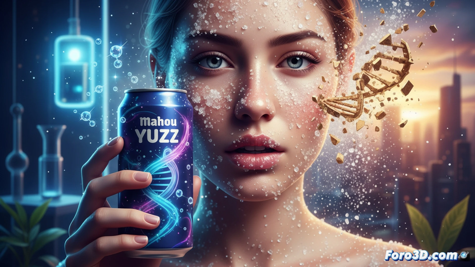 Photorealistic close-up of a young woman holding a silver soda can, condensation dripping, one hand smashing sugar cubes against her cheek while a molecular diagram of collagen fibers visibly breaks apart in the background, lab beakers with hyaluronic acid and vitamin C capsules on a table, a smartphone screen showing an influencer selfie, harsh studio lighting highlighting sugar crystals on skin, technical illustration style, biochemical decay process demonstrated, ultra-detailed macro shot, cinematic contrast