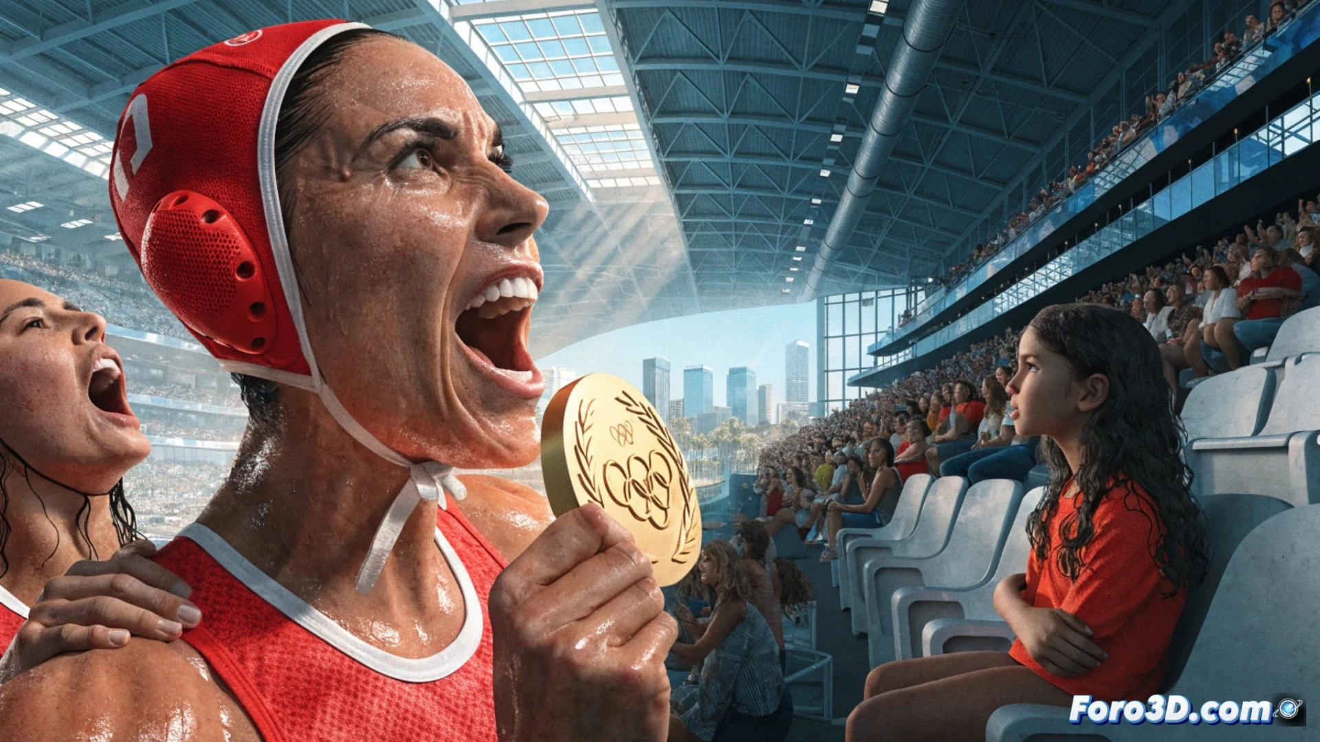 Olympic swimming pool scene, water polo player Maica Garcia mid-throw with powerful arm motion, water splashing around her, stadium stands in background with a young girl cheering, clock on scoreboard showing LA28, technical illustration style, photorealistic water droplets, dynamic action pose, underwater camera angle showing player's legs kicking, bright California sunlight streaming through glass roof, detailed muscle definition in shoulders, realistic pool wave patterns, cinematic sports photography, dramatic side lighting, high contrast shadows, professional athletic gear