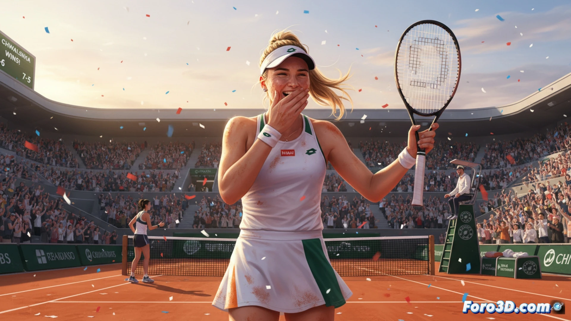 Maja Chwalinska celebra en arcilla roja de Roland Garros, raqueta alzada, fondo de gradería llena bajo sol.