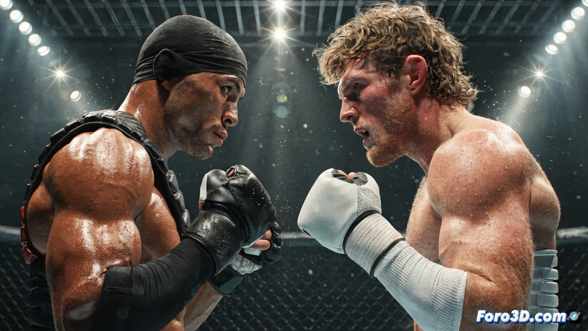 UFC octagon center, Islam Makhachev executing a high-level judo hip throw while Ian Garry counters with a guillotine choke attempt, grappling action mid-motion showing muscle tension and sweat droplets, Philadelphia skyline visible through arena windows with summer sunset lighting, cinematic photorealistic sports visualization, dramatic spotlights illuminating fighters, cage mesh casting shadow patterns on canvas, crowd blurred in background, high-speed camera effect capturing impact force, technical martial arts biomechanics demonstration, ultra-detailed skin texture and fabric folds, dynamic motion blur on limbs