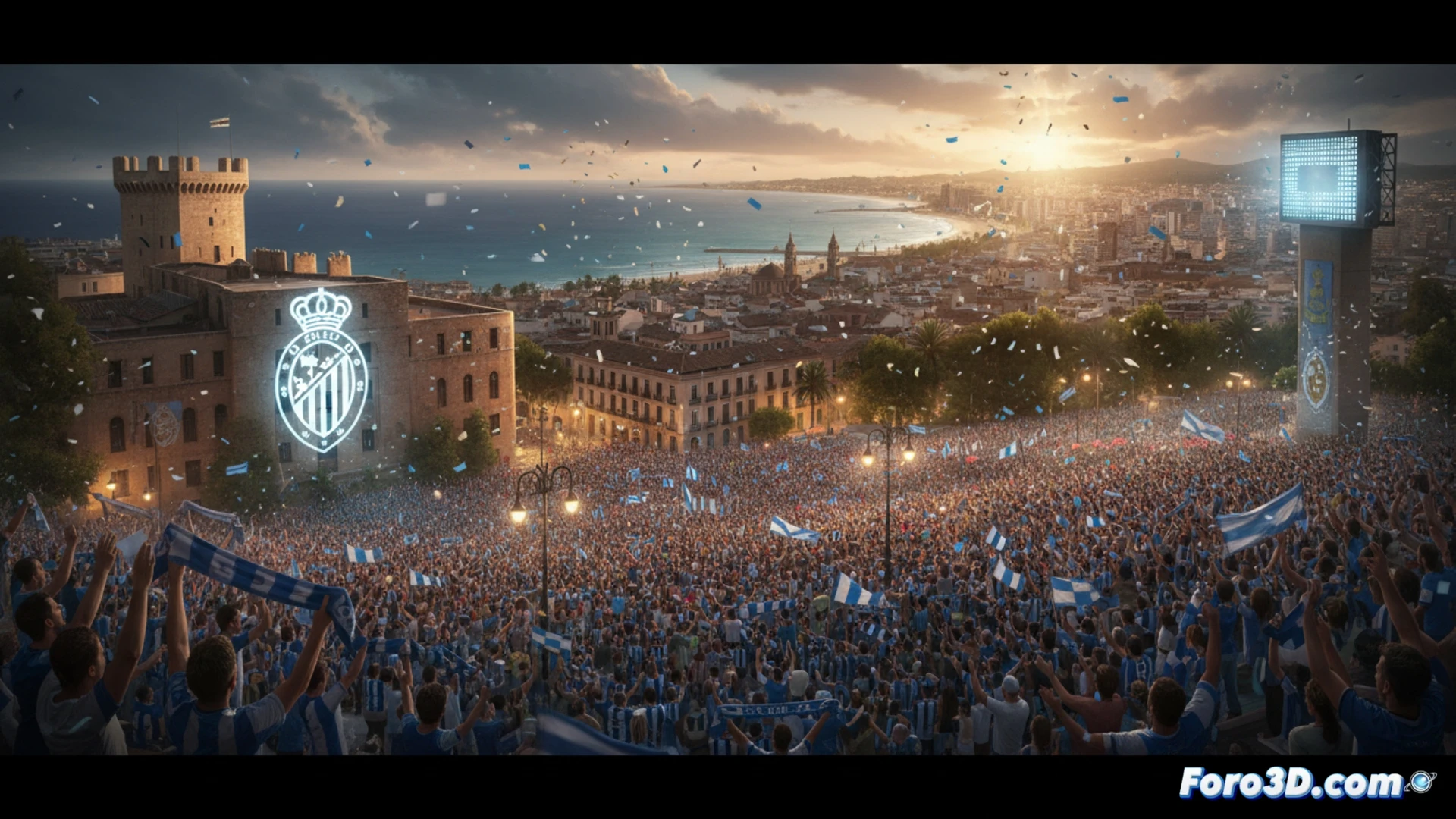 Estadio La Rosaleda lleno, aficionados del Málaga ondeando banderas blanquiazules, jugadores celebrando en el campo, tensión en el marcador electrónico mostrando empate, hosteleros sirviendo bebidas en terrazas cercanas, cuentas y billetes en cajas registradoras, cálculos económicos sobre impacto financiero del ascenso, gráficos de ingresos proyectados flotando sobre la ciudad, estilo cinematográfico fotorrealista, iluminación nocturna de estadio, ciudad en ebullición, celebración colectiva, acción simultánea dentro y fuera del campo, atmósfera vibrante, render técnico deportivo