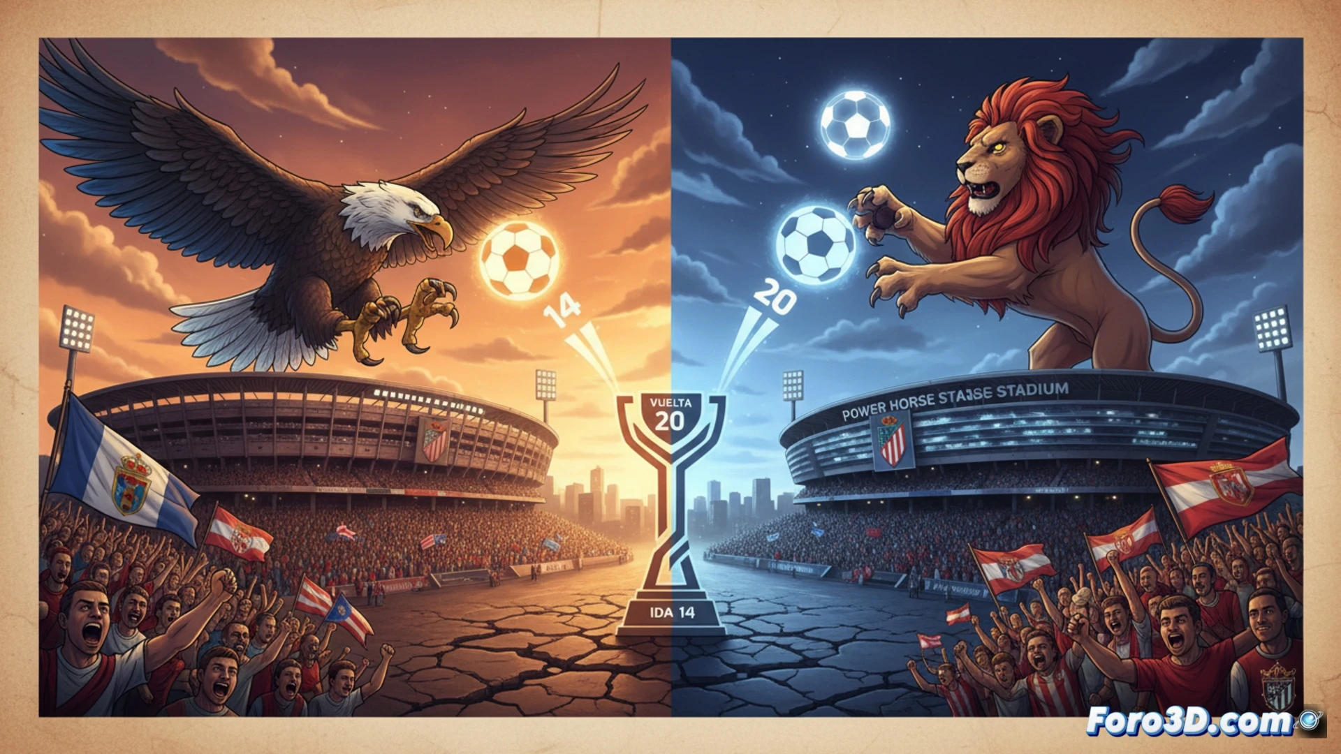 Two football stadiums connected by a glowing digital timeline, left side Málaga stadium with half-empty stands showing eight years of decay, right side Almería stadium with modern LED floodlights, central holographic playoff bracket displaying match dates 14 and 20, animated arrows tracing team paths through semifinal results, cinematic engineering visualization with data stream overlays, metallic trophy silhouette suspended between both arenas, dynamic lighting from stadium floodlights creating dramatic shadows, photorealistic architectural render with technical grid lines and motion-blurred crowd silhouettes.