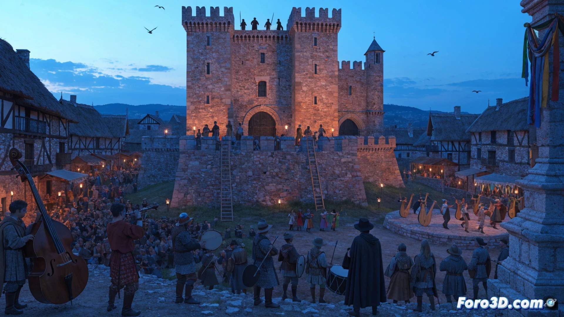 medieval castle courtyard reconstruction scene, actors in 13th-century armor demonstrating sword combat while a musician plays a period lute nearby, historical banners hanging from stone walls, wooden siege equipment being assembled in background, photorealistic historical visualization, warm golden hour sunlight casting long shadows, dust particles illuminated in air, spectators in period clothing watching intently, dramatic cinematic lighting, ultra-detailed stone textures and metal reflections