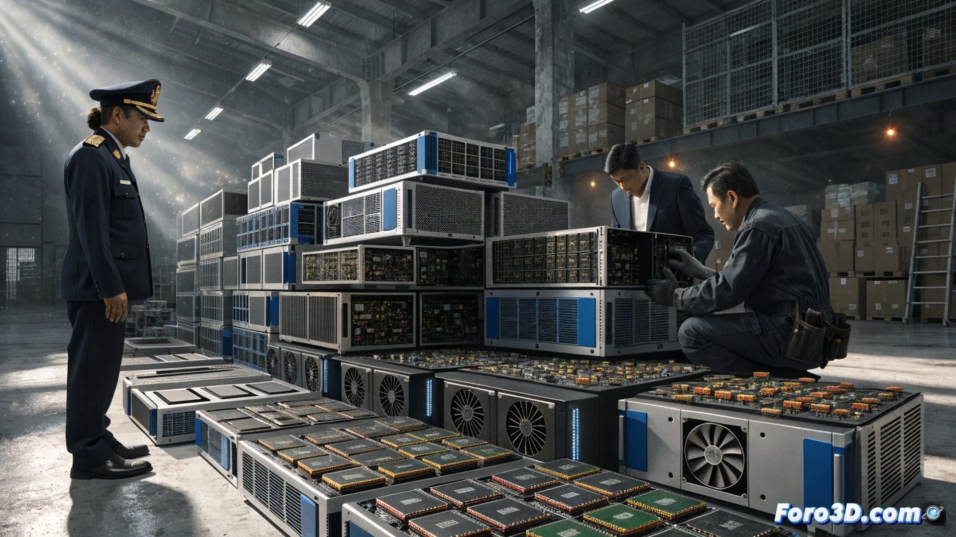 Customs officers inspecting opened server rack at Kuala Lumpur airport cargo bay, exposed circuit boards with AI chip modules being scanned by handheld forensic device, glowing processor units under UV light revealing tampered serial numbers, confiscated components laid out on inspection table, anti-static bags and diagnostic tools visible, cinematic photorealistic technical illustration, dramatic industrial lighting with blue and amber tones, sharp focus on microchip details and security seals, tense atmosphere of interdiction in progress