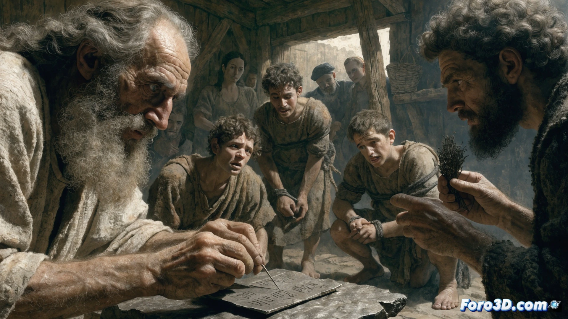Roman-era lead tablet being unrolled by gloved archaeologists under bright laboratory lights, ancient Greek inscription visible on corroded metal surface, four stylized slave figures fading into shadowy background, ritualistic hand gestures casting dark energy toward the tablet, cracked stone altar with incense smoke rising, technical illustration style, macro photography detail of lead corrosion and etched letters, dramatic chiaroscuro lighting emphasizing texture of aged metal, photorealistic archaeological documentation aesthetic, ultra-detailed material surface with patina and oxidation patterns