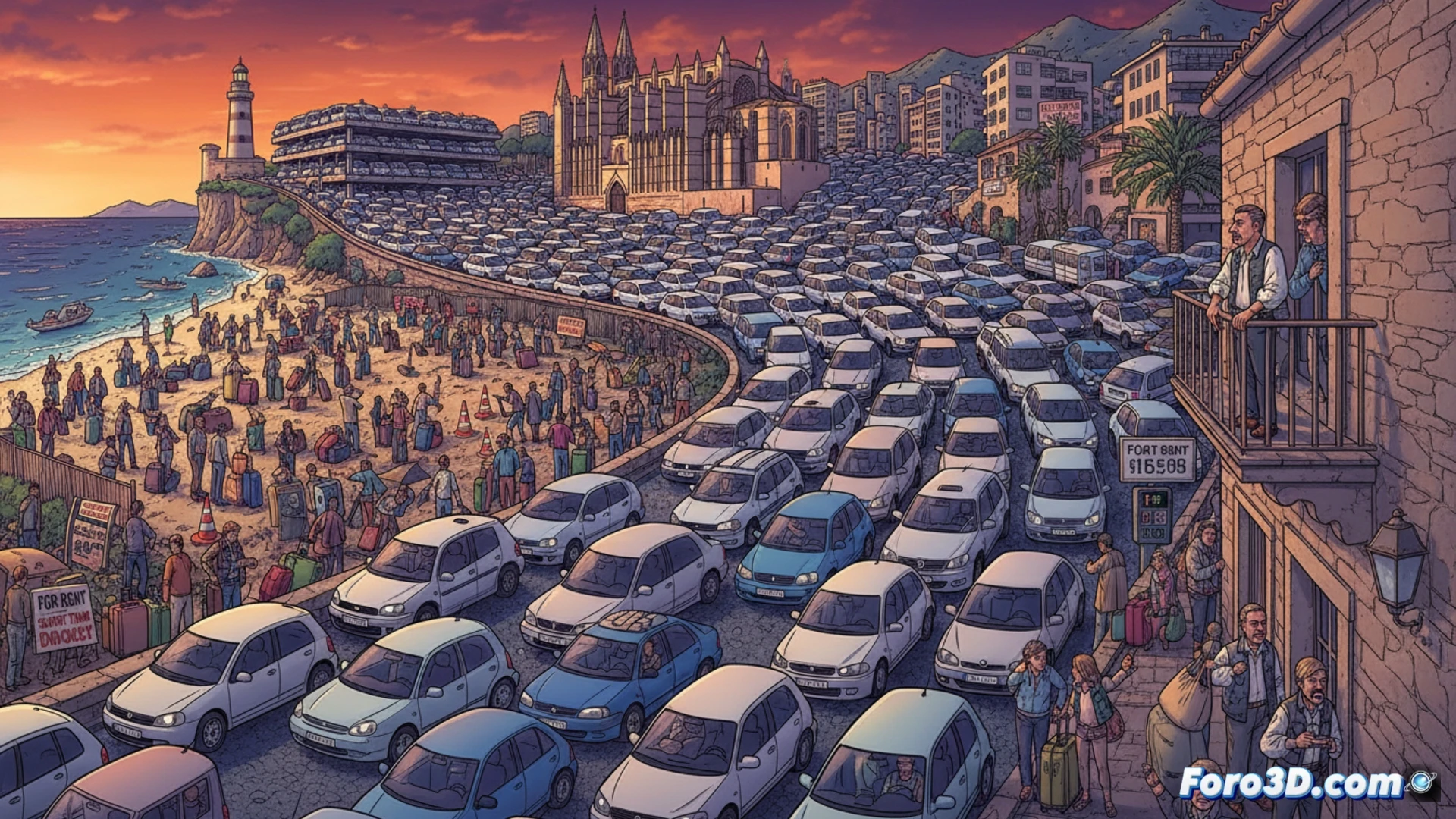 Photorealistic aerial view of a congested Mallorcan coastal road, dozens of rental cars with green license plates creating a massive traffic jam at a roundabout, tourists with suitcases crowding the sidewalks while residents try to cross, a digital parking meter showing extreme prices in a dirt lot, rental car agency signs everywhere, chaotic flow of vehicles and pedestrians during peak summer heat, cinematic lighting with harsh Mediterranean sun, dust haze over the asphalt, ultra-detailed vehicles and textures, dramatic overpopulation scene demonstrating the collapse of local mobility
