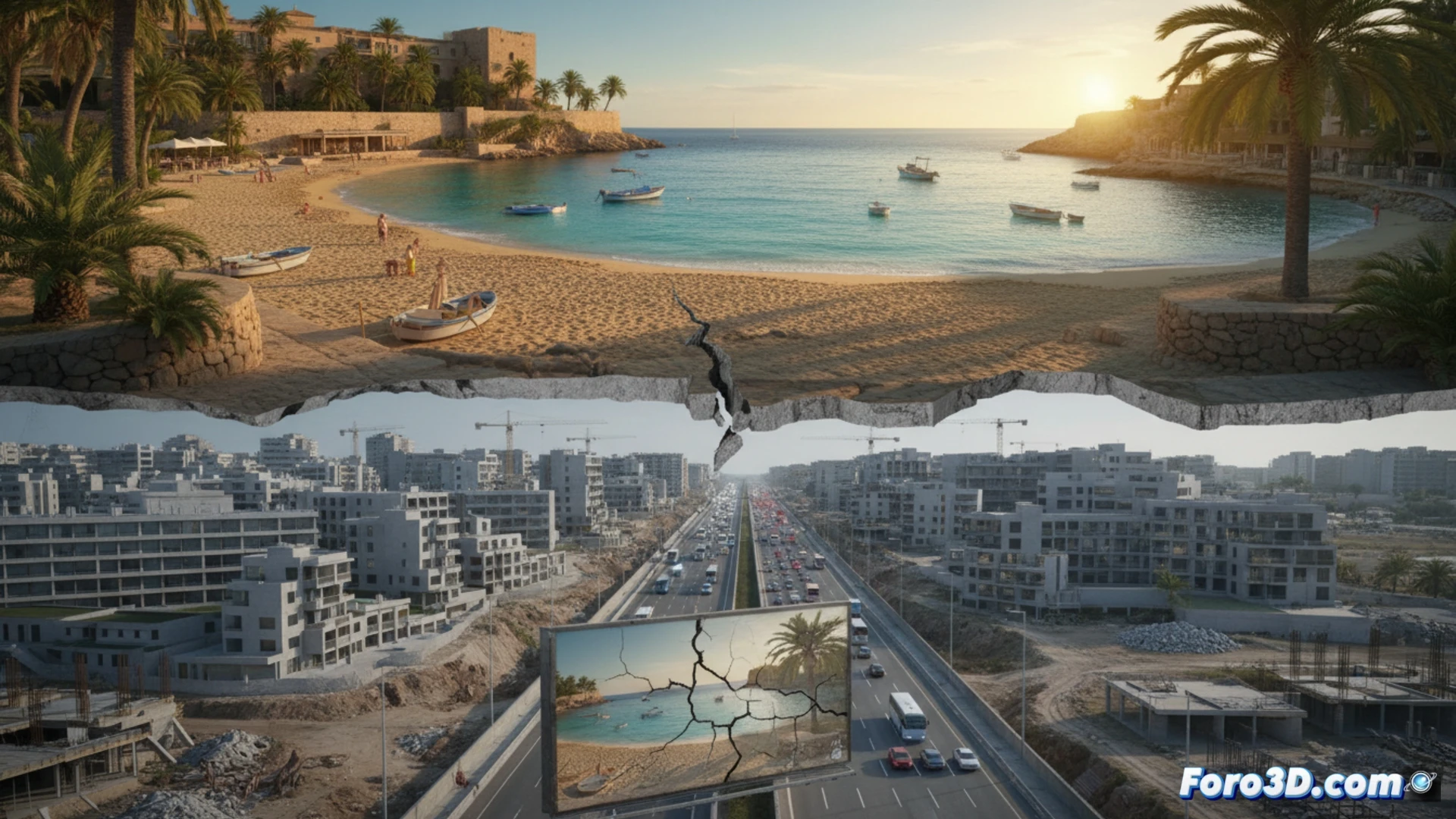 Aerial view of a pristine turquoise cove in Mallorca, a massive construction crane actively lowering concrete blocks onto a half-built hotel directly on the shoreline, bulldozers pushing piles of rubble into the clear water, a brochures image of the same idyllic bay being torn in half by a developer’s hand, revealing grey cement foundations underneath, cracked soil and dust clouds rising during the demolition, photorealistic cinematic landscape, harsh midday sun casting long shadows over the scarred terrain, hyper-detailed environmental contrast between natural beauty and industrial destruction, technical engineering visualization