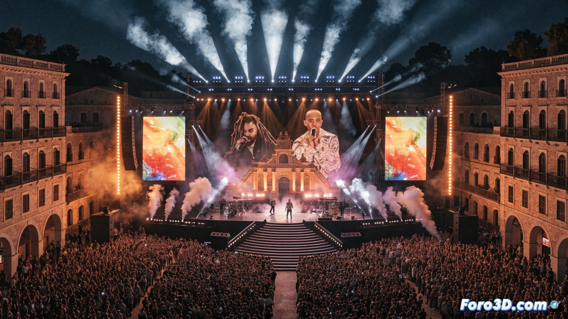 Cypress Hill actuando en el escenario principal del Mallorca Live Occident 2026, multitud levantando brazos al ritmo de la música, humo de máquinas envolviendo el escenario, luces láser verdes y rojas cruzando el aire nocturno, ingenieros de sonido ajustando mesas de mezclas digitales durante la actuación, pantallas LED gigantes mostrando gráficos dinámicos detrás de la banda, altavoces de gran formato vibrando con bajos profundos, fotógrafos con cámaras réflex y teleobjetivos capturando el momento, ambiente festivo con pulseras luminosas en la audiencia, estilo visual cinematográfico y fotorealista, iluminación dramática de concierto, acción en vivo durante el clímax del show