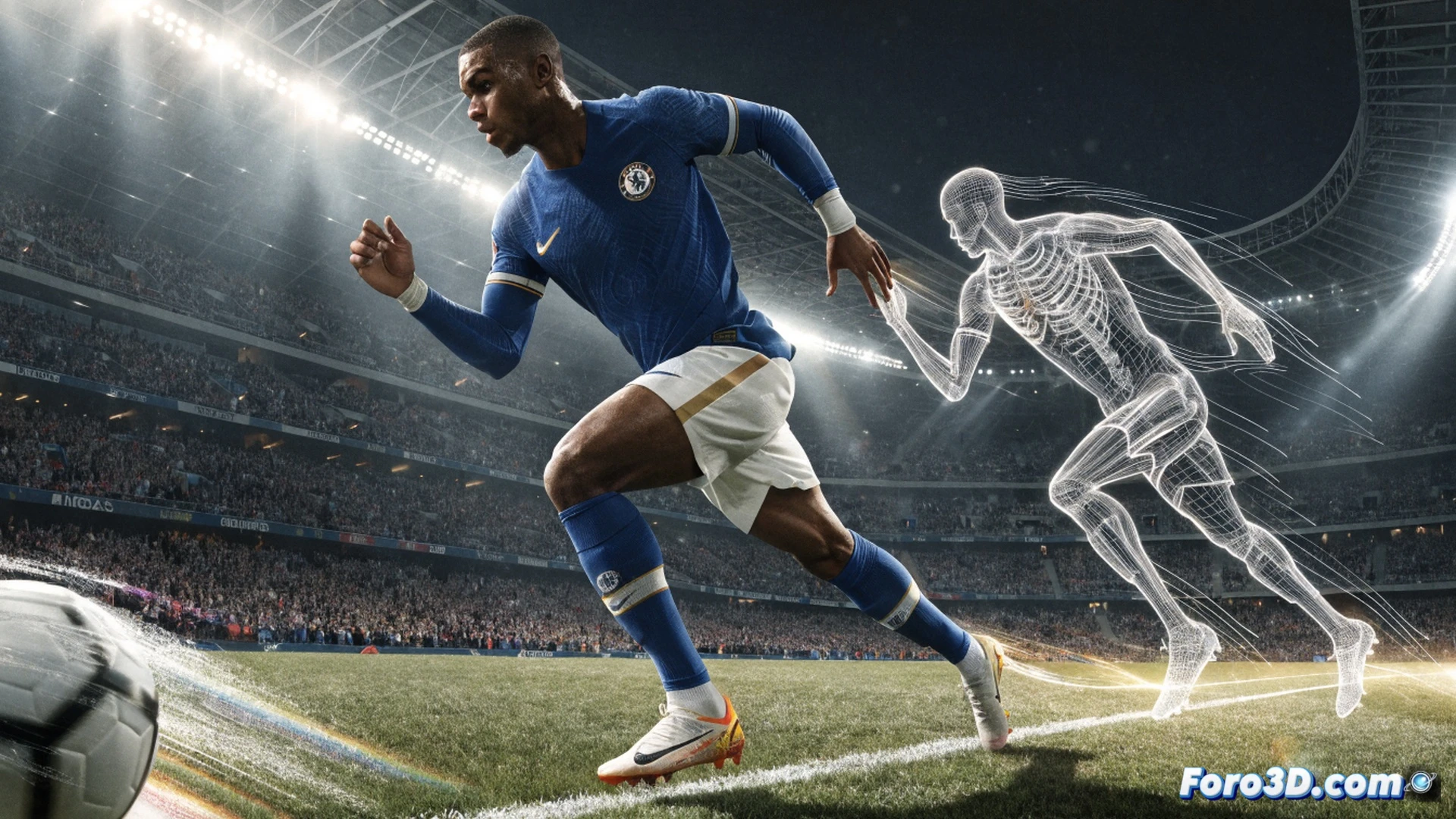 High-speed football player motion capture, lateral defender sprinting along the right flank with intense forward lean, green grass pitch with motion blur streaks, trailing orange heat-map lines showing repeated up-and-down runs, translucent 3D skeleton wireframe overlaid on the player, biomechanical joint angles highlighted for knee and hip extension, football at the player’s feet during a dribble, cinematic sports science visualization, dark stadium background with floodlight beams, glowing data points tracking stride frequency, photorealistic technical render, dynamic action pose.