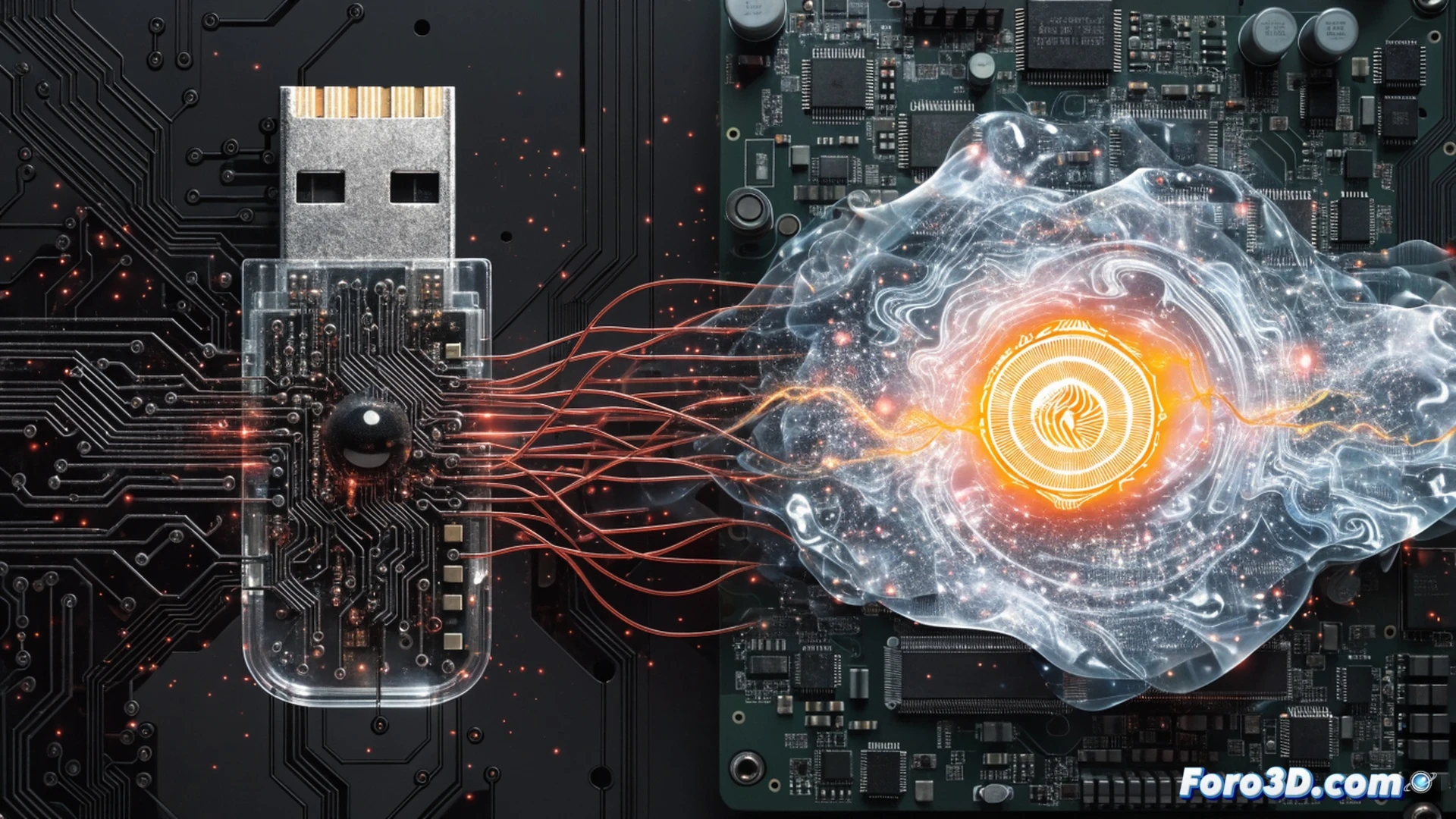 A memory stick inserted into a Windows laptop side port, a hidden Tor onion icon glowing faintly inside the USB casing, digital binary code streams flowing from the USB through the laptop screen, a malicious LNK file icon highlighted in red on the desktop background, action showing data packets being siphoned and routed through a transparent Tor network diagram overlay, dark cyberpunk room lighting, motherboard circuits visible through a translucent laptop shell, photorealistic technical illustration, cinematic security threat visualization, glowing red and blue data traces, ultra-detailed hardware components