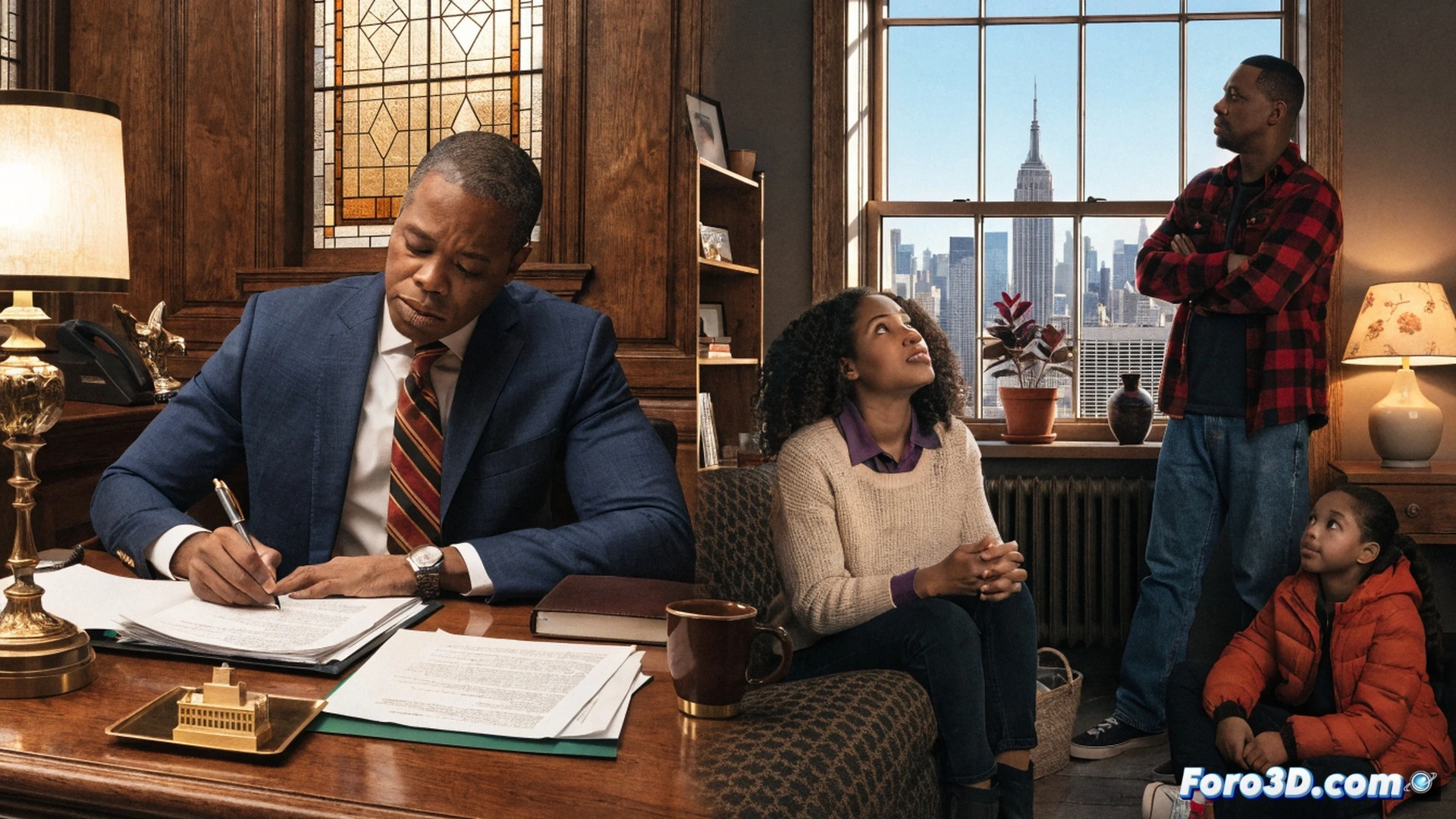 photorealistic wide-angle shot of a New York apartment building facade, a landlord holding a frozen rent contract with ice crystals forming on the paper, tenants gathered below looking up with relief, a digital tablet on a table showing a frozen rent amount in a rental database interface, city skyline background with subtle economic graphs fading into the sky, cinematic lighting with cool blue tones contrasting warm amber from apartment windows, ultra-detailed brick texture and glass reflections, technical illustration style emphasizing the freeze action