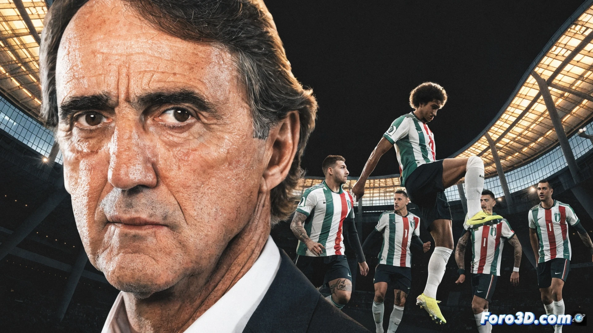 Roberto Mancini en traje técnico señalando una pizarra táctica con diagramas de formación italiana, jugadores en miniatura moviéndose sobre un campo de césped digital, banderas de Italia ondeando en el fondo, pantallas táctiles con estadísticas de partidos, luz de estadio cálida, estilo cinematográfico, photorealistic, acción de estrategia en tiempo real, enfoque nítido en sus manos y el marcador, ambiente de vestuario moderno con tablets y auriculares, profundidad de campo suave, tonos azules y verdes dominantes.