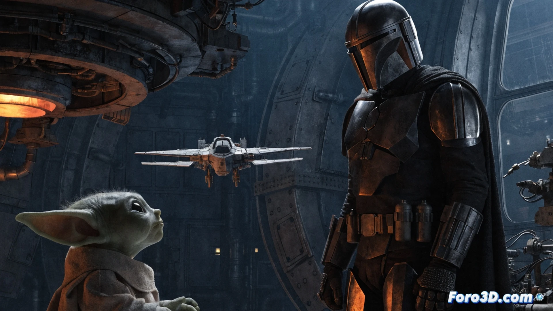 A Mandalorian armorer working with physical miniature sets and digital tools, holding a traditional puppet of Grogu while a holographic display shows animated wireframe character models, mechanical droid components and sculpting tools on a workshop table, cinematic technical illustration style, warm workshop lighting contrasting with cool blue holograms, photorealistic materials, detailed metal textures, motion blur on rotating 3D scanner, glowing digital interface overlays, dramatic shadows emphasizing craft and innovation