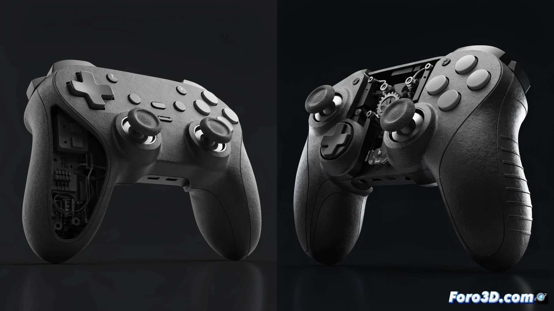 A gamer hand gripping a modern PC controller with dual analog sticks, textured grips, and two rear programmable buttons glowing subtly, while the controller rests on a desk next to a laptop screen showing a Steam library interface, a price tag of 99 dollars visible on the desk edge, Prime Day sale banner reflected in the laptop screen, photorealistic technical illustration, cinematic macro lens, shallow depth of field focusing on the rear buttons and stick base, warm ambient lighting contrasting with cool blue screen glow, ultra-detailed plastic texture and carbon fiber accents, engineering visualization style