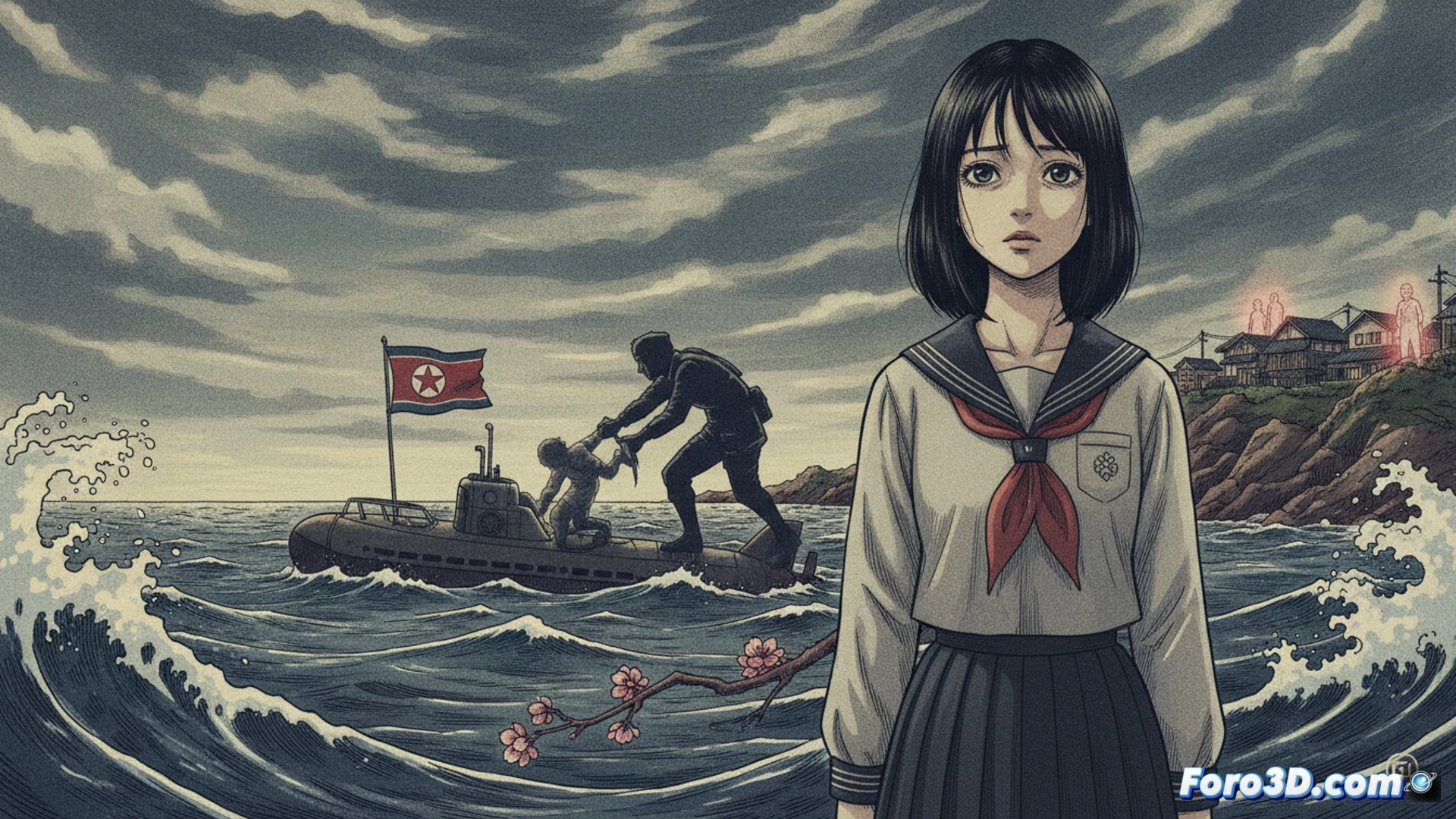Manga artist drawing at a wooden desk, hand holding a fine-tipped pen sketching a tense scene of a family reunion at a train station, reference photos of North Korean documents and old missing-person posters pinned on a corkboard behind, ink bottles and a digital tablet with stylus nearby, dramatic overhead lamp casting sharp shadows, photorealistic technical illustration, visible paper texture and ink bleeding, emotional action of the artist’s hand mid-stroke, while erased pencil marks remain beneath the final lines, cinematic focus on the drawing process, cold blue-gray atmosphere contrasting warm amber light