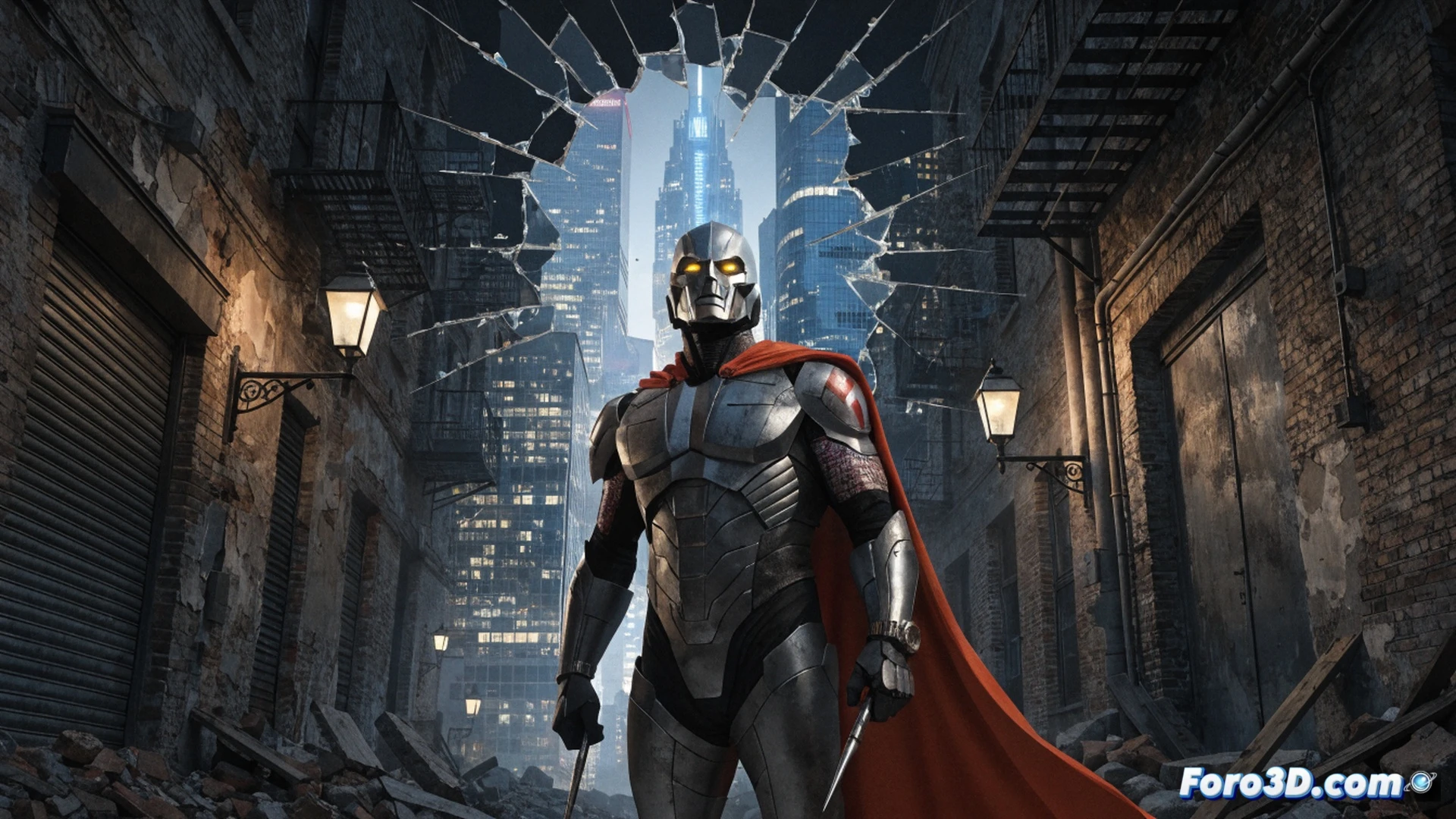 Paul Kirk Manhunter in a 1940s noir alley, leaping forward with a glowing plasma rifle aimed off-screen, his metallic exoskeleton joints exposed and crackling with blue energy, hunting a fleeing rogue android with visible circuit scars, retro-futuristic cityscape with neon reflections on wet pavement, comic book panel framing with dramatic shadows, during a high-speed pursuit, demonstrating his enhanced reflexes and tracking visor scanning data streams, cinematic golden age pulp aesthetic, photorealistic technical illustration, dynamic motion blur and particle sparks