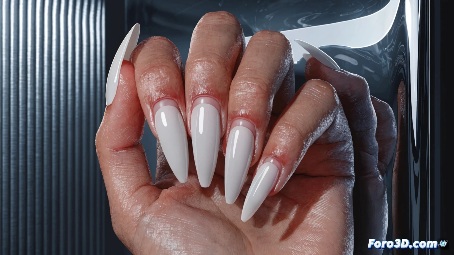 Photorealistic close-up of a human hand during an aggressive Russian manicure procedure, metal cuticle nipper slicing deep into the living skin around the nail bed, bright red micro-droplets of blood appearing at the cuticle line, harsh chemical fumes rising from acetone and gel polish bottles on the table, bacteria and pathogen particles visualized as glowing green specks entering the open wound, dramatic shadow lighting emphasizing the damage, hyper-detailed skin texture and torn tissue, cinematic medical warning style, no text or numbers