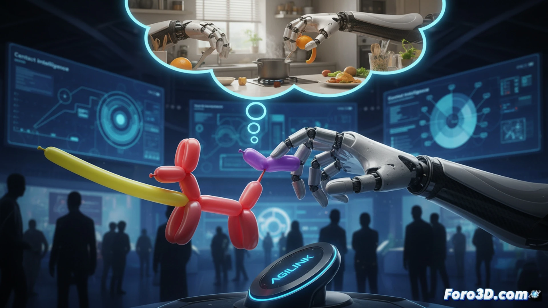 robotic hand with five articulated fingers delicately folding a thin latex balloon without bursting it, balloon surface deforming under precise pressure, transparent force sensors visible on fingertips, glowing pressure feedback lines on a digital display next to the hand, workbench with calibration tools and a small fruit like a tomato nearby suggesting future cooking tasks, ultra-detailed mechanical joints and actuators, soft studio lighting highlighting the balloon’s reflective surface, photorealistic technical illustration, cinematic depth of field, subtle motion blur at the fingertips during the folding action