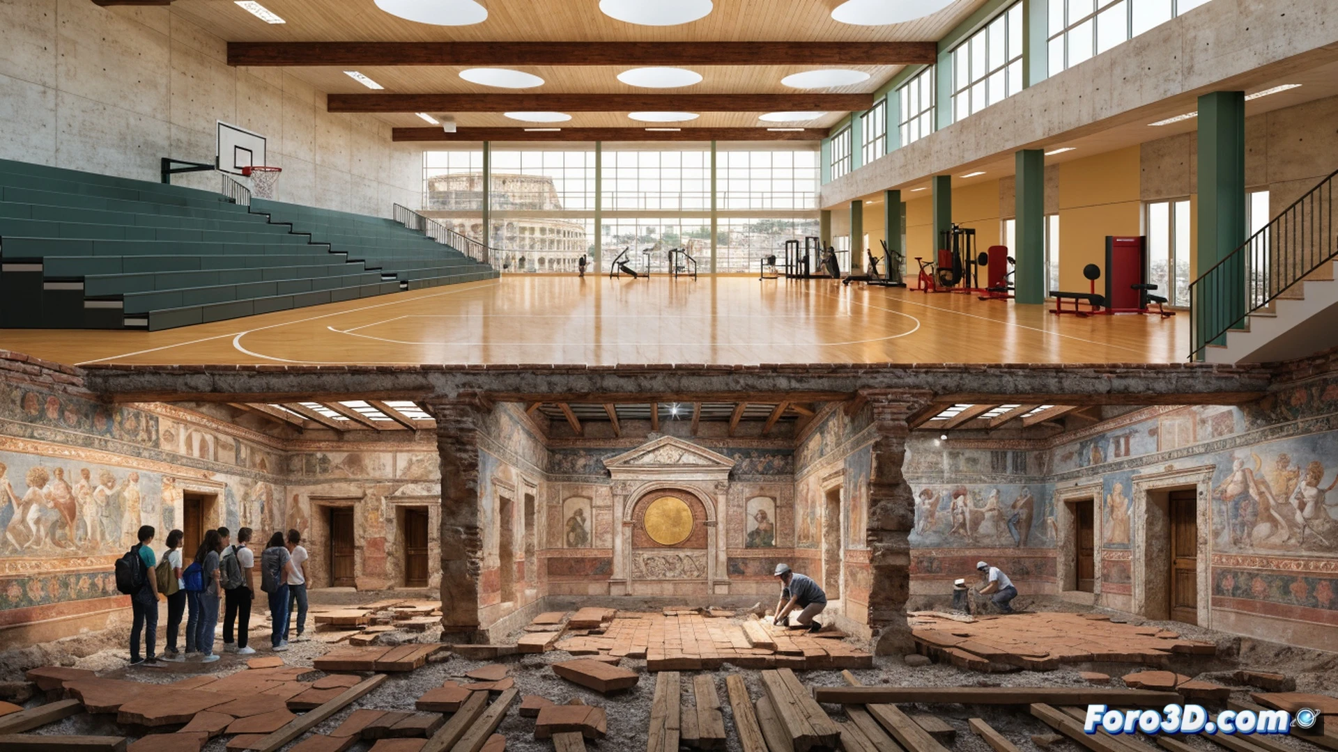 Roman luxury villa excavation under school gym floor, 2nd century fresco fragments being uncovered by archaeologists with brushes and trowels, intact painted stucco walls emerging from soil, students observing from above through safety glass, drilling equipment beside exposed mosaic tiles, cinematic photorealistic visualization, warm golden excavation lighting, dust particles floating in air, ancient Roman architectural details contrasting with modern steel beams, ultra-detailed stone textures, dramatic underground atmosphere