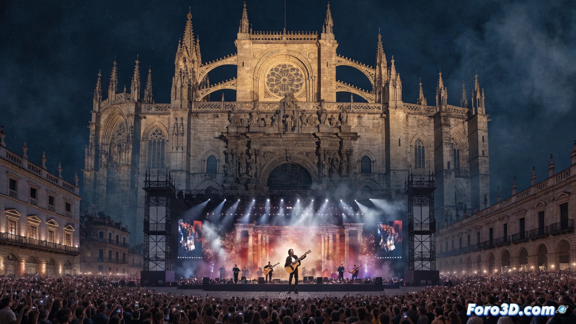 Manuel Carrasco performing on a massive open-air stage in Seville at night, thousands of audience members raising glowing phone lights, a large LED screen displaying abstract flamenco patterns behind him, sound mixing console visible in foreground with faders moving, microphone cable trailing across stage planks, cinematic concert photography style, dramatic spotlight beams cutting through haze, high-angle crowd shot showing dense human mass, warm amber stage lighting contrasting with cool blue crowd lights, photorealistic technical render