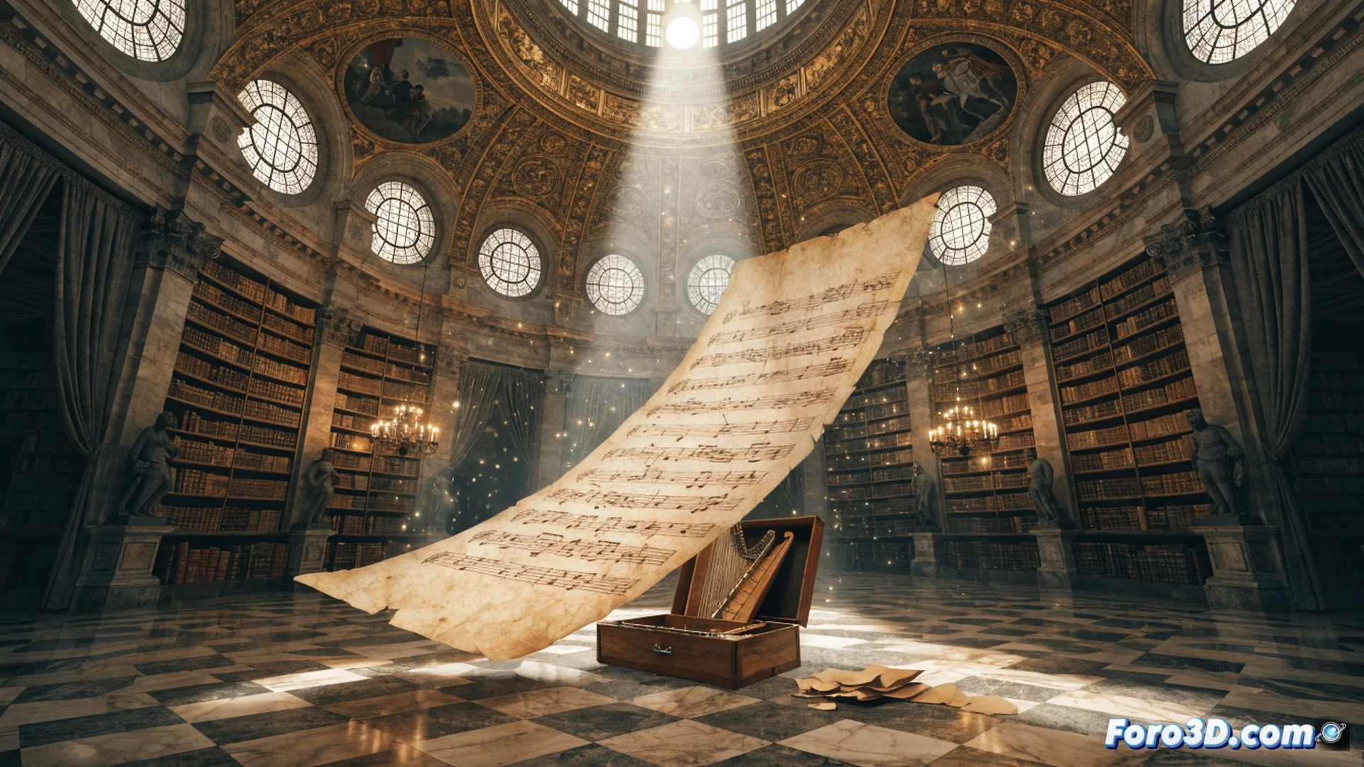 close-up of a musician's hands holding an antique wooden flute over a restored manuscript page with faded musical notes, a modern digital tablet displaying sheet music rests nearby, soft archival lighting illuminates the scene, historical library setting with leather-bound books in background, action of fingers positioning on flute keys while scanning the newly discovered score, photorealistic technical illustration, warm amber tones, fine dust particles in light beam, ultra-detailed wood grain and paper texture, cinematic composition with shallow depth of field