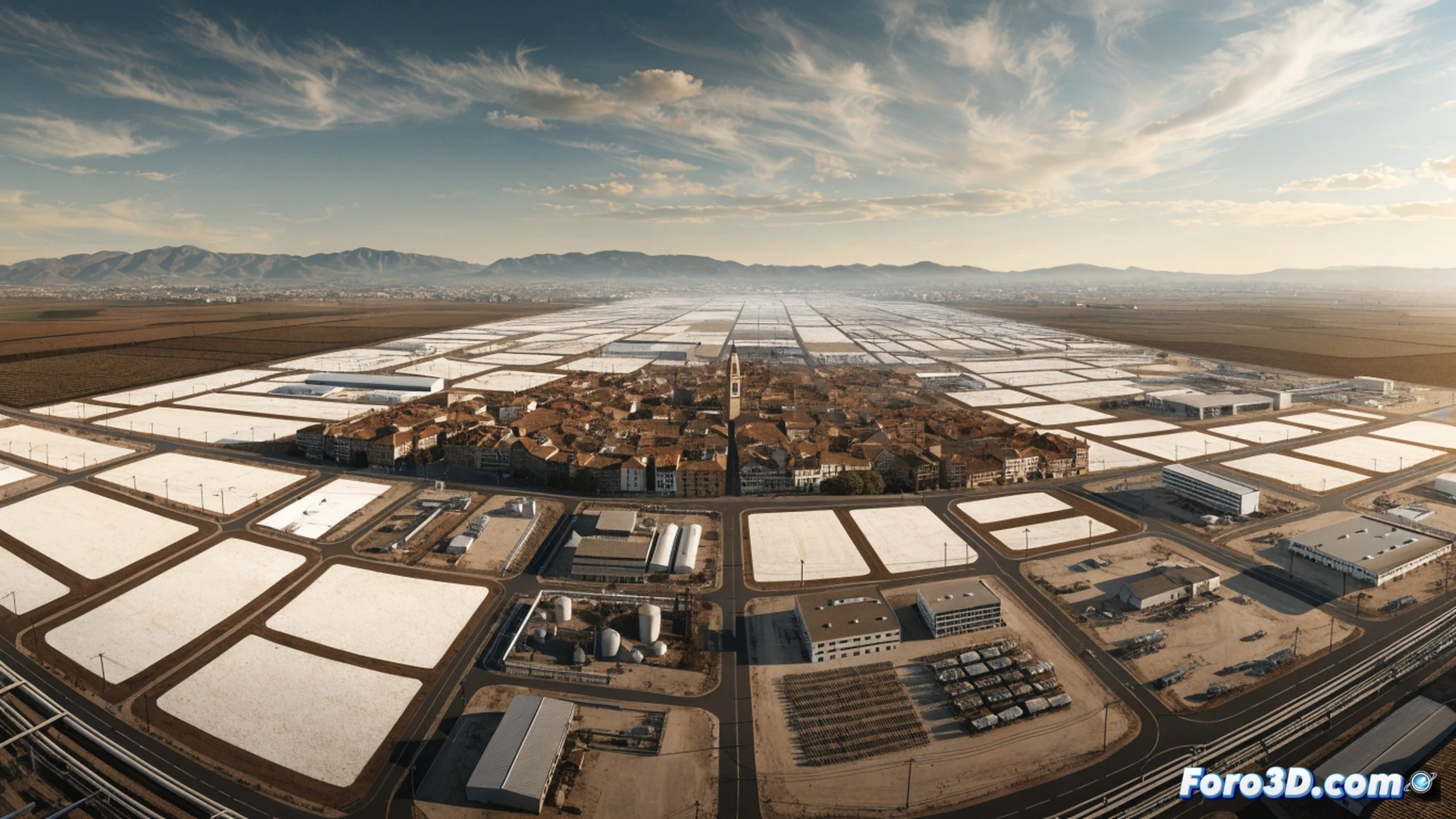 Aerial view of a vast flat industrial terrain being surveyed by engineers, bright orange boundary markers and white survey rods placed across the land, heavy construction machinery actively grading soil, digital tablets showing real-time CAD site plans, robotic total station theodolite measuring coordinates, dust clouds rising during earthmoving process, cinematic photorealistic engineering visualization, golden sunset lighting casting long shadows over the freshly leveled ground, ultra-detailed terrain texture, high-angle drone perspective showcasing the massive one-million-square-meter expansion