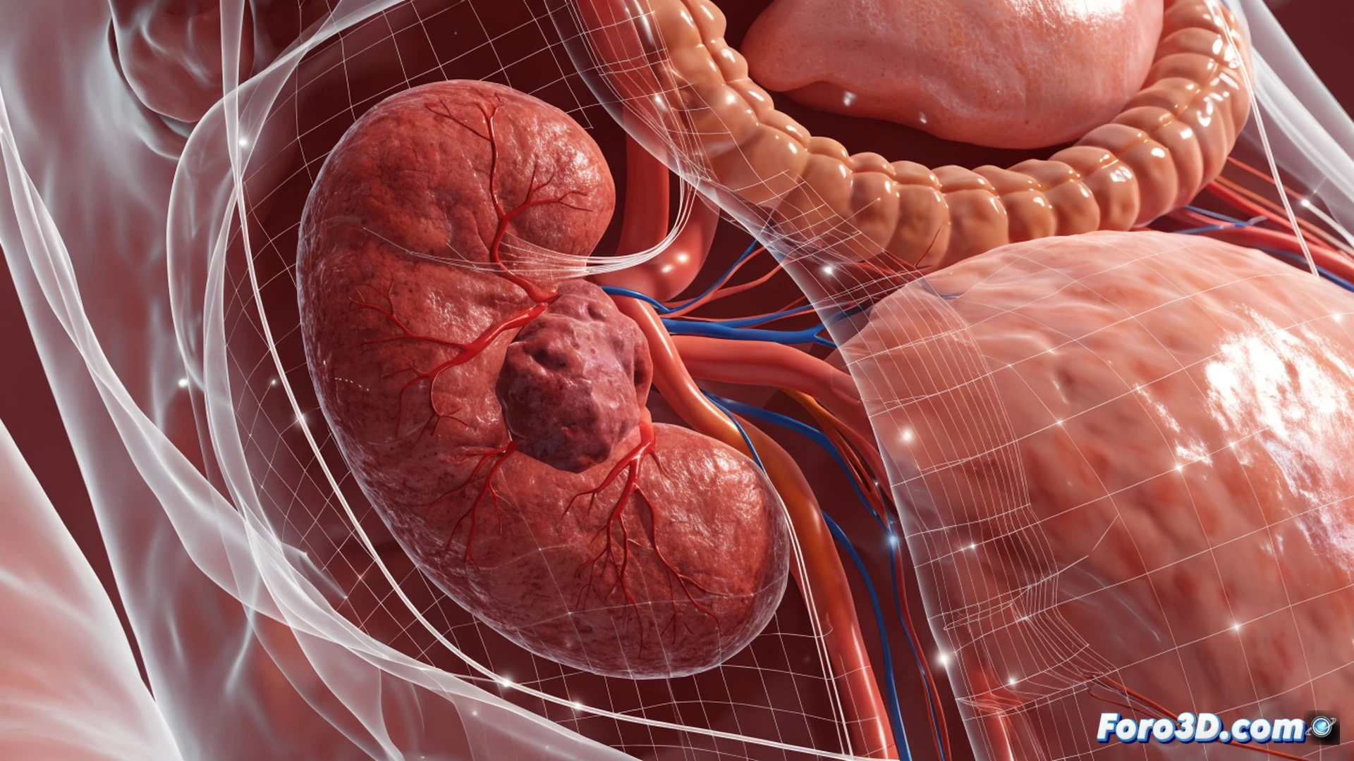 Cirujano con guantes esteriles señalando un riñón humano translúcido en 3D flotando sobre una mesa quirúrgica, tumor renal resaltado en rojo, vasos sanguíneos iluminados con líneas azules, pantalla táctil mostrando mapa de calor del órgano, equipo médico observando mientras el software de inteligencia artificial procesa datos anatómicos en tiempo real, estilo cinematográfico fotorrealista con iluminación azul fría y contrastes dramáticos, texturas detalladas de tejido orgánico y metal quirúrgico, profundidad de campo suave