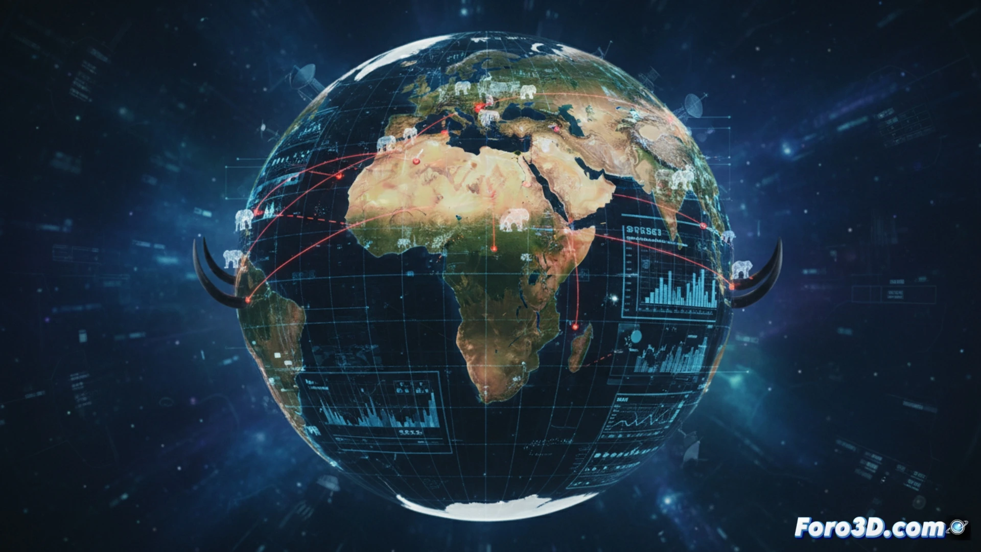 Mapa 3D de rutas ilegales de marfil desde África a Asia con datos geopolíticos