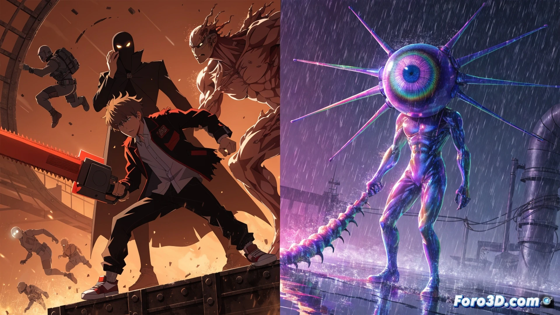 Chainsaw Man Denji transforming mid-air, chainsaw blades extending from arms and head, blood splatter suspended in motion, concrete debris exploding around him, dark urban night alley, neon sign reflections on wet pavement, cinematic action scene, dynamic pose with twisting body, motion blur on chainsaw teeth, dramatic rim lighting, red and black color palette, hyper-detailed gore effects, photorealistic character render, intense action freeze-frame, particles of glass and sparks flying, wet asphalt texture, dramatic shadows from overhead streetlamp, ultra-sharp focus on chainsaw chains