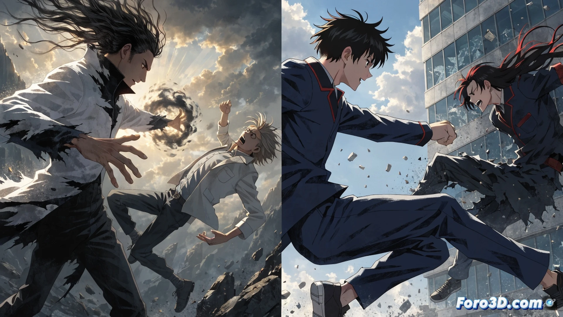 cinematic scene of Hakari punching Kashimo in mid-air, electrical arcs crackling from Kashimo s staff while Hakari s domain barrier shatters around them, debris particles frozen in motion, dramatic lighting from cursed energy glow, photorealistic technical illustration, intense combat action, hyper-detailed muscle tension and fabric ripples, dark storm clouds overhead, sparks and energy trails creating dynamic motion lines, ultra-realistic textures on skin and clothing, high-contrast shadows highlighting impact force, slow-motion capture style, epic anime battle visualization