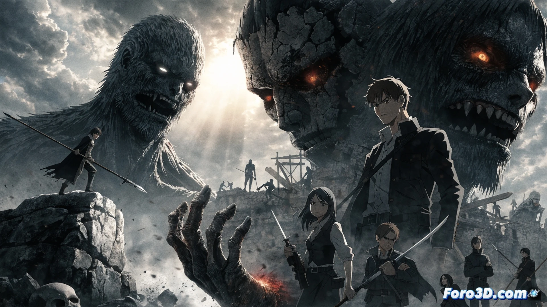 MAPPA animators drawing Titan combat on digital tablets, Eren in mid-transformation against the Colossal Titan, glowing 3D model wireframes of the Nine Titans floating around the workstation, gaming console silhouettes with controller cables in background, cinematic studio lighting, photorealistic technical illustration, dynamic action lines, mechanical tablet stylus capturing frame-by-frame movement, dramatic dust particles, ultra-detailed muscle anatomy and steam effects